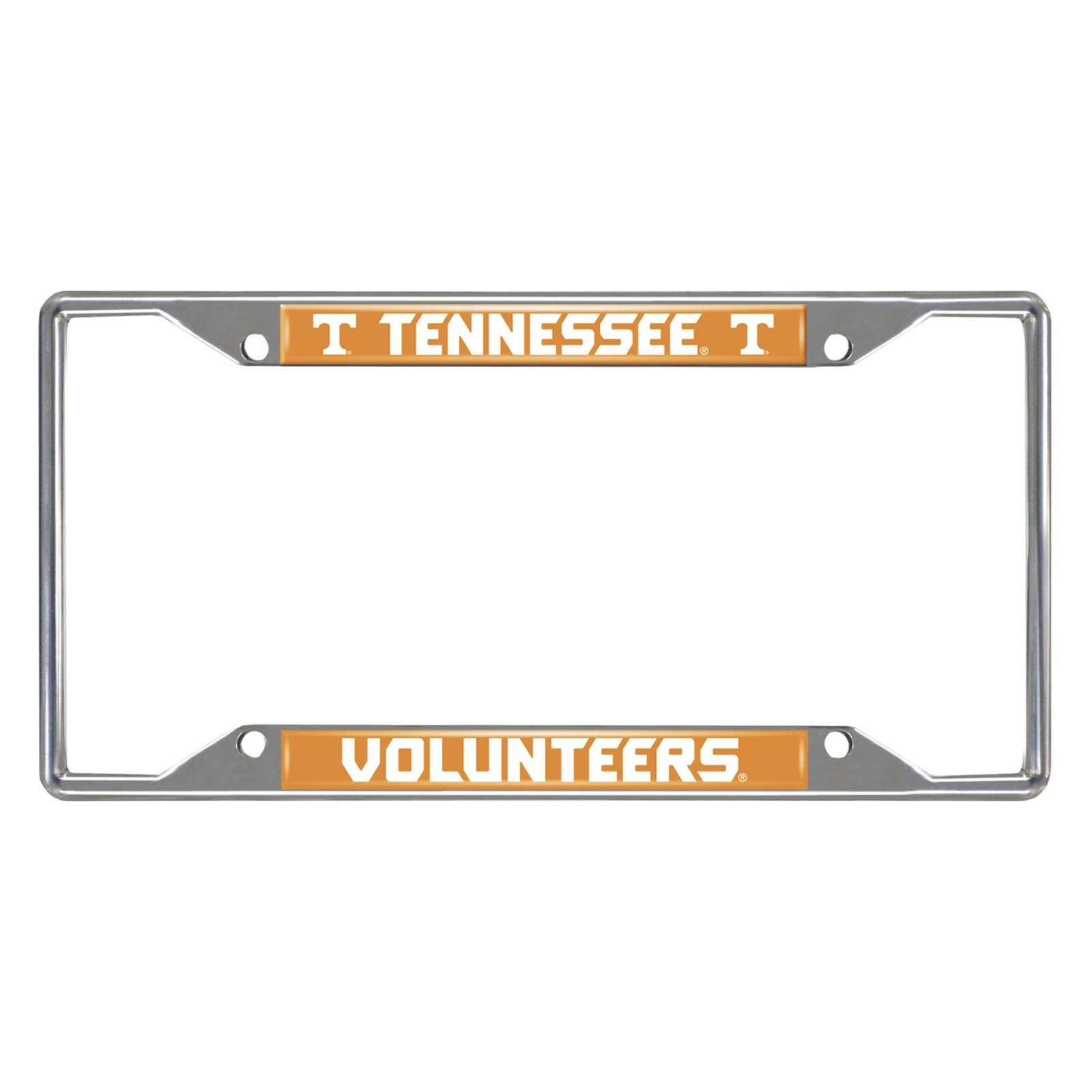 NCAA Car License Plate Frame featuring chrome metal with vibrant team logo and name, designed to fit standard license plates.