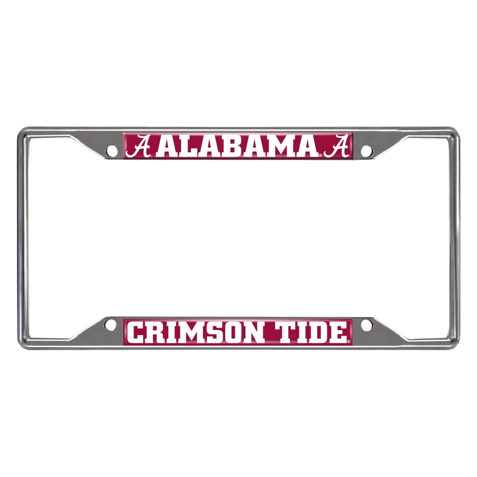 NCAA Car License Plate Frame featuring chrome metal with vibrant team logo and name, designed to fit standard license plates.