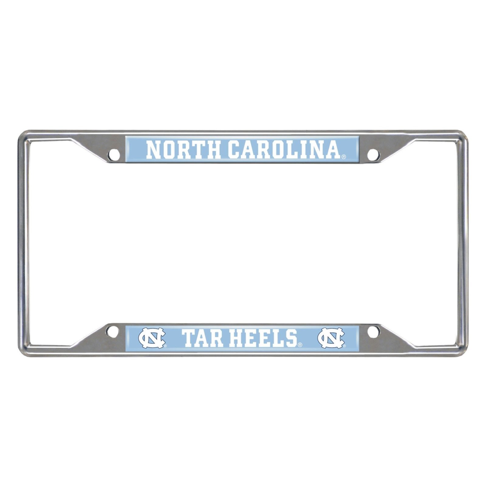 NCAA Car License Plate Frame featuring chrome metal with vibrant team logo and name, designed to fit standard license plates.