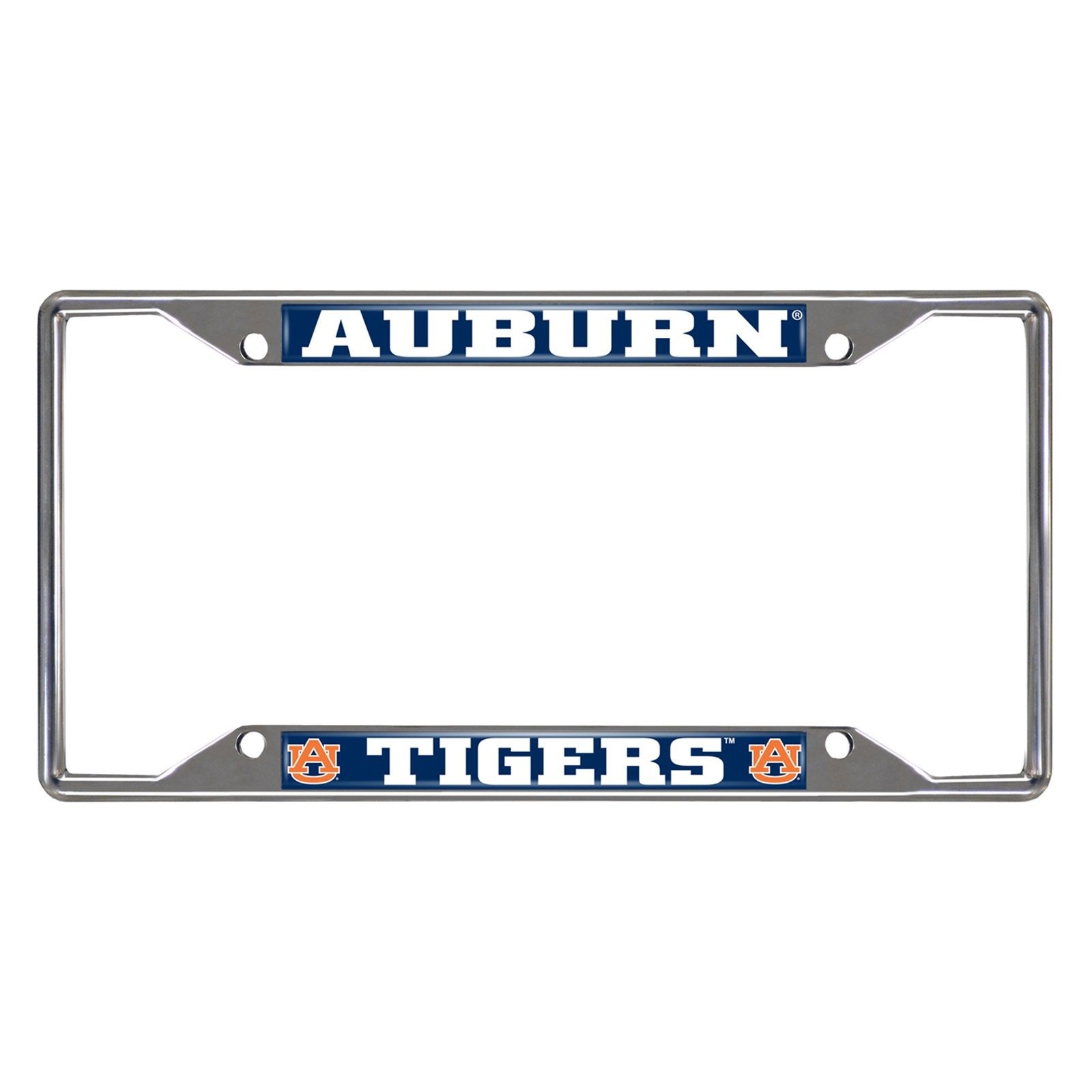 NCAA Car License Plate Frame featuring chrome metal with vibrant team logo and name, designed to fit standard license plates.