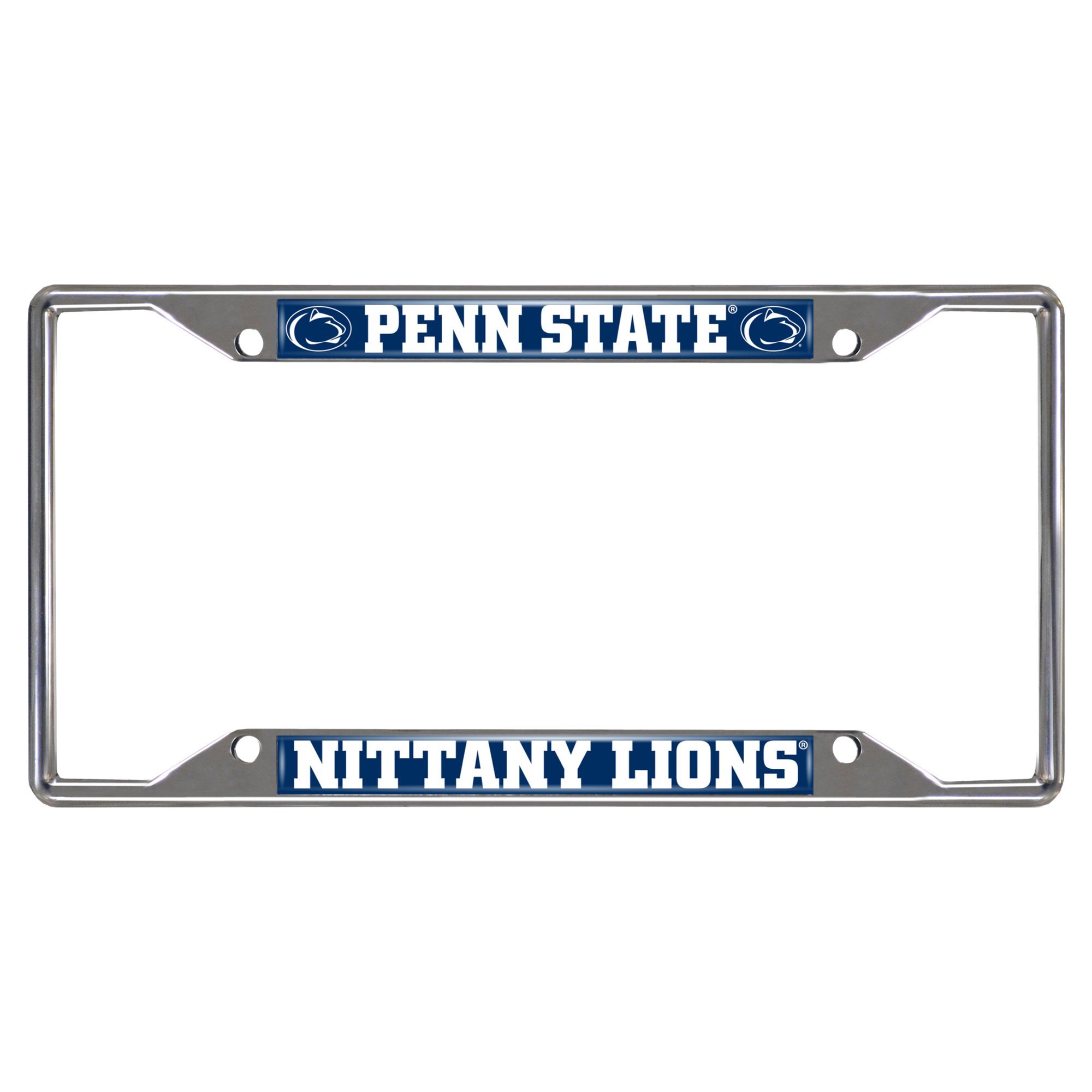 NCAA Car License Plate Frame featuring chrome metal with vibrant team logo and name, designed to fit standard license plates.