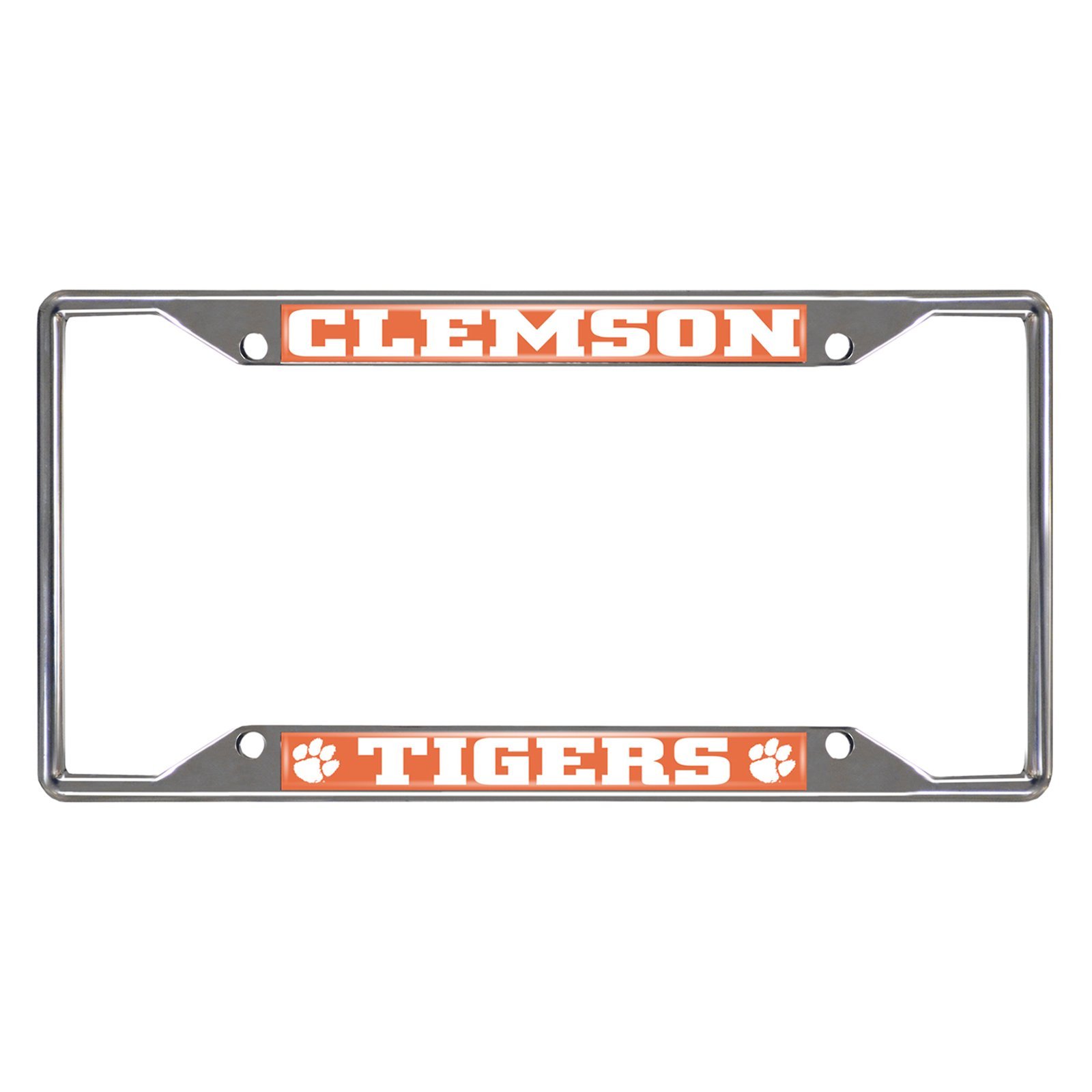 NCAA Car License Plate Frame featuring chrome metal with vibrant team logo and name, designed to fit standard license plates.