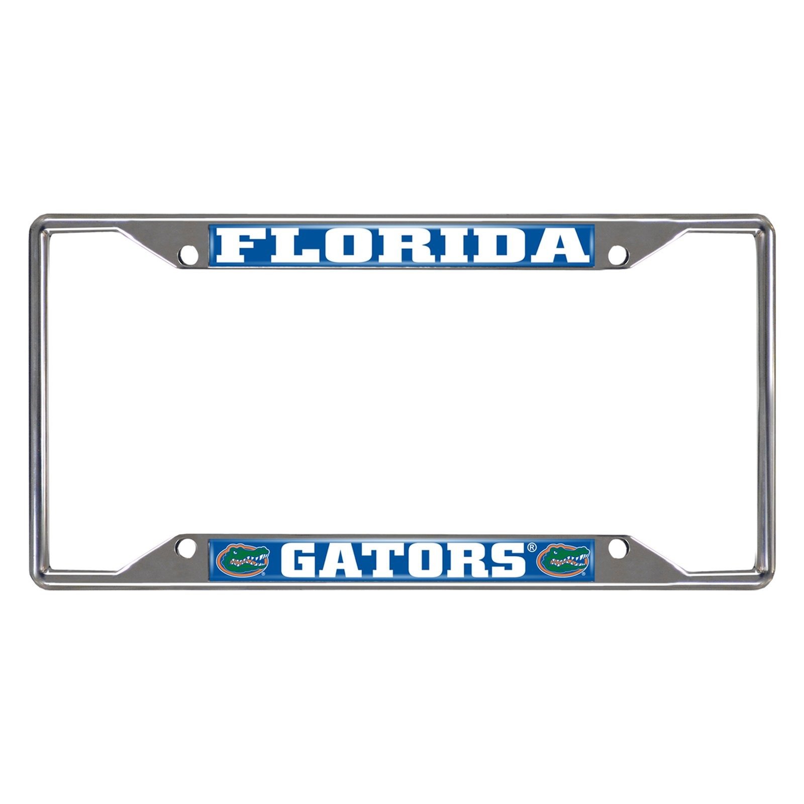 NCAA Car License Plate Frame featuring chrome metal with vibrant team logo and name, designed to fit standard license plates.