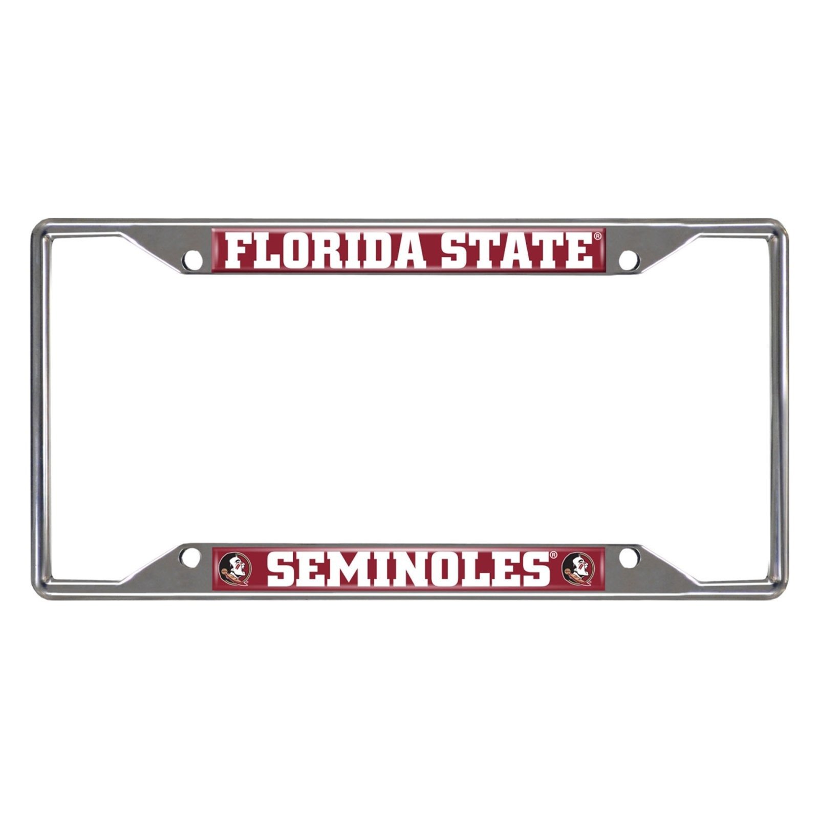 NCAA Car License Plate Frame featuring chrome metal with vibrant team logo and name, designed to fit standard license plates.