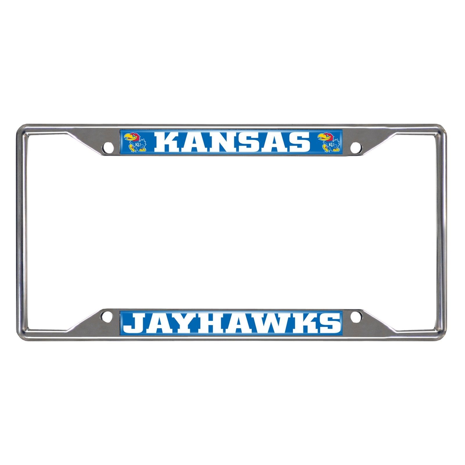 NCAA Car License Plate Frame featuring chrome metal with vibrant team logo and name, designed to fit standard license plates.