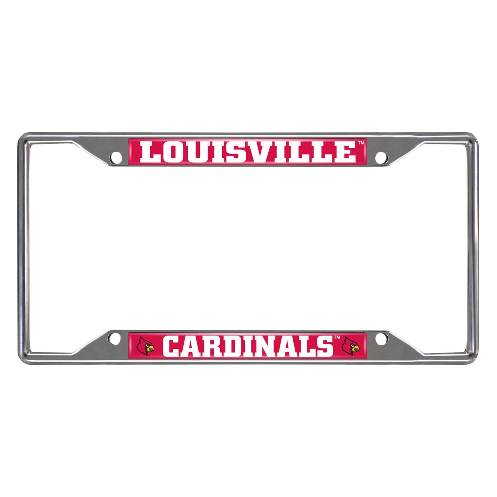 NCAA Car License Plate Frame featuring chrome metal with vibrant team logo and name, designed to fit standard license plates.