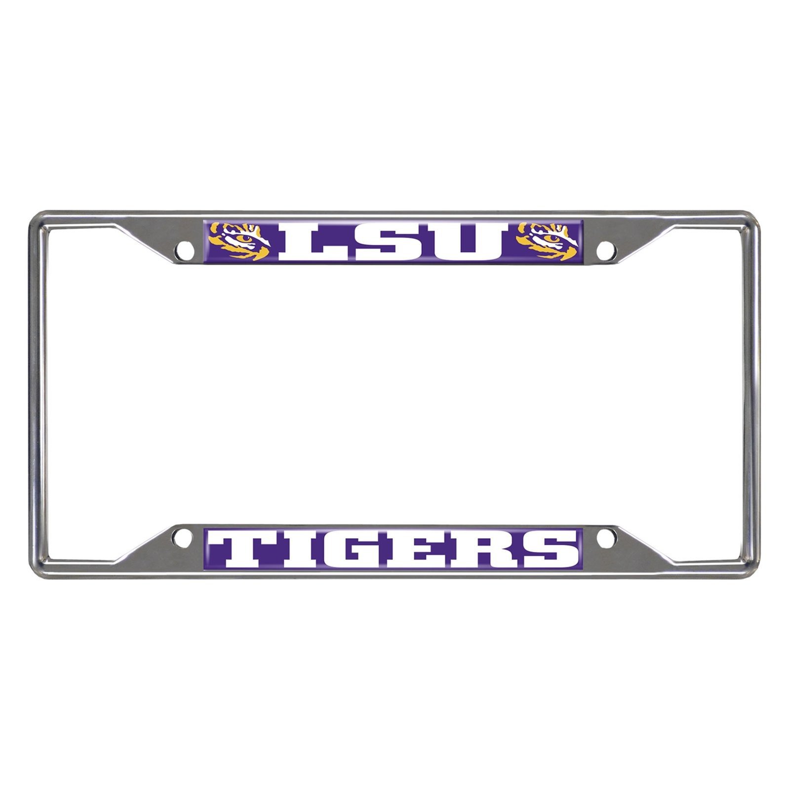 NCAA Car License Plate Frame featuring chrome metal with vibrant team logo and name, designed to fit standard license plates.