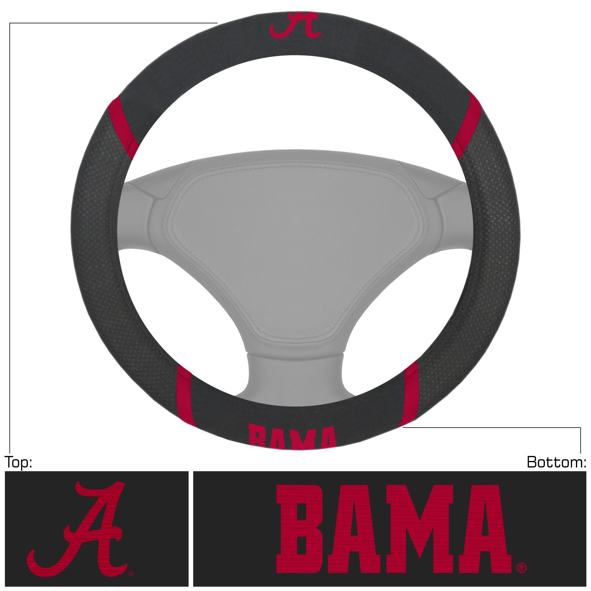 NCAA Car Steering Wheel Cover featuring embroidered team logo and name, made of breathable mesh fabric and faux suede.