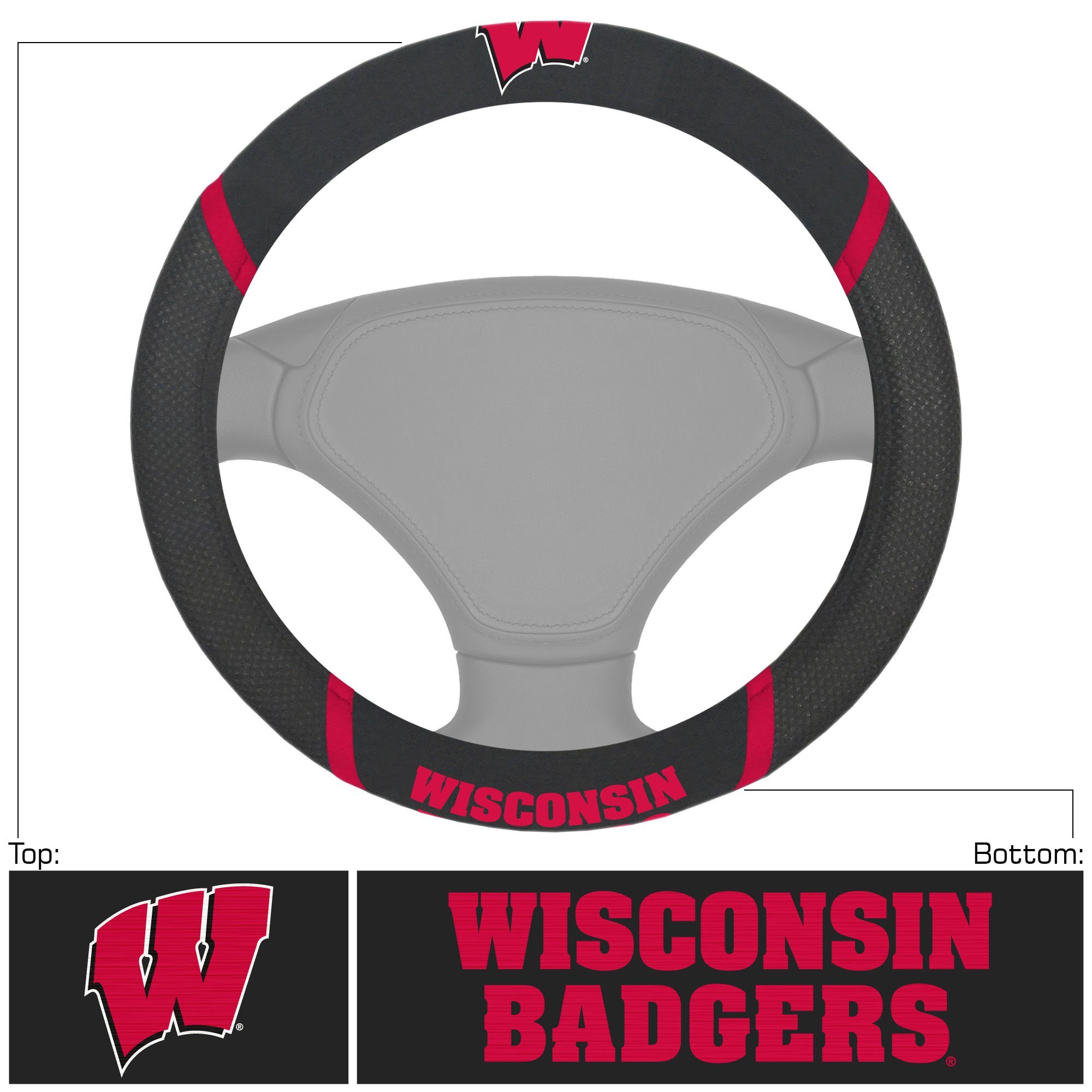 NCAA Car Steering Wheel Cover featuring embroidered team logo and name, made of breathable mesh fabric and faux suede.