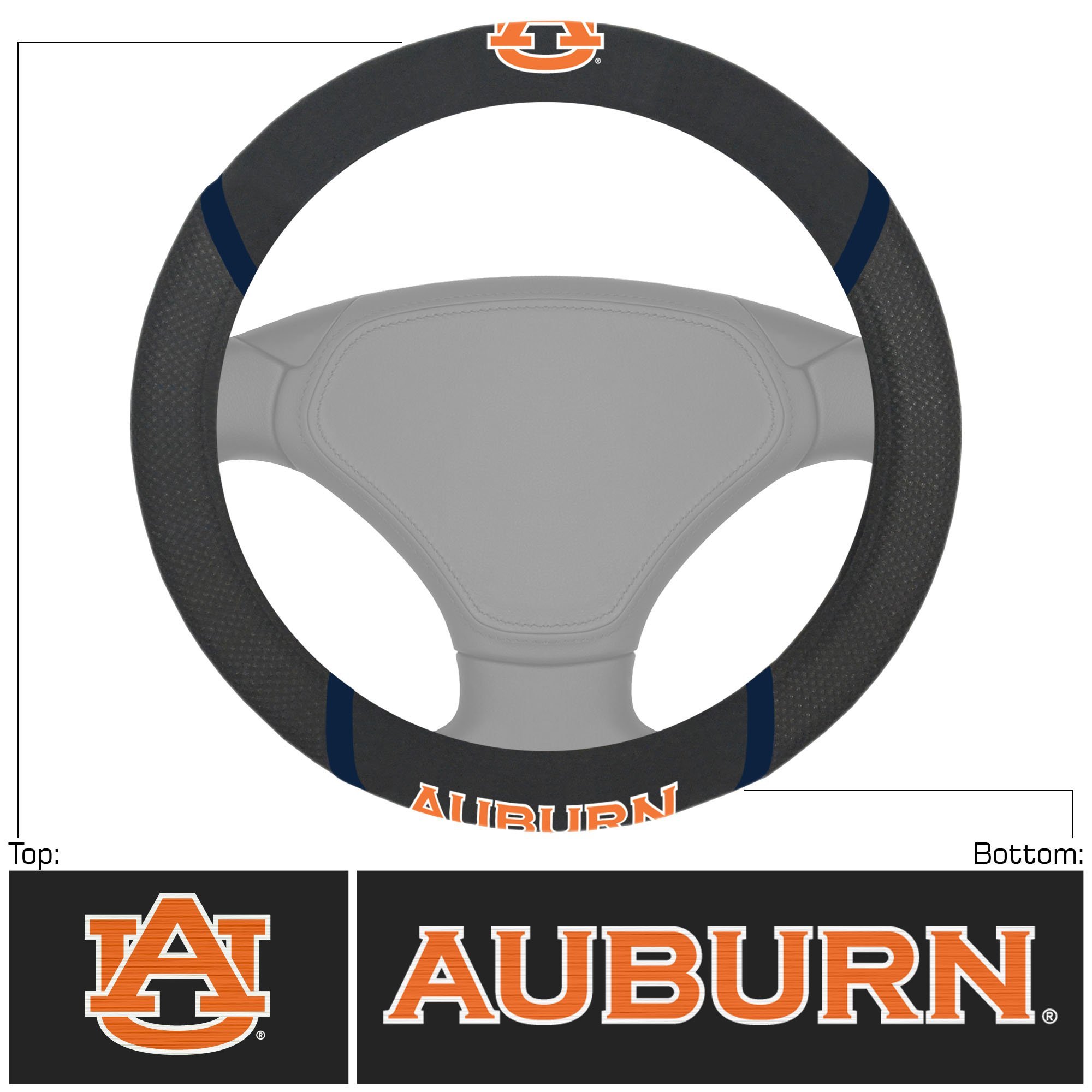 NCAA Car Steering Wheel Cover featuring embroidered team logo and name, made of breathable mesh fabric and faux suede.