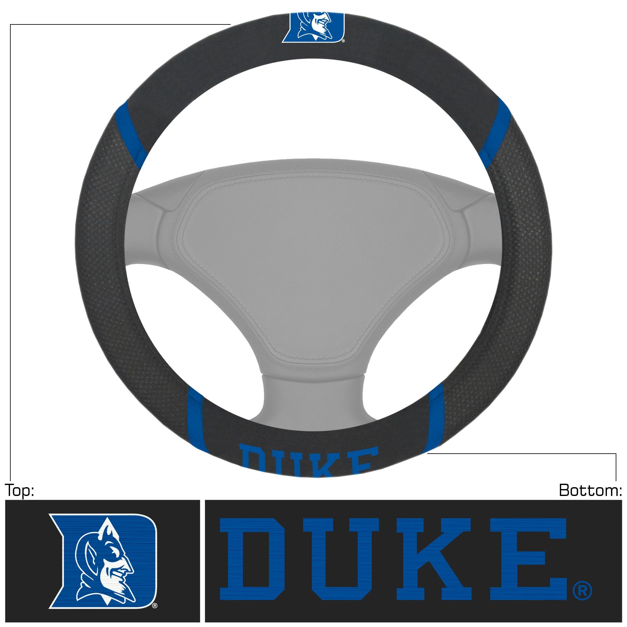 NCAA Car Steering Wheel Cover featuring embroidered team logo and name, made of breathable mesh fabric and faux suede.