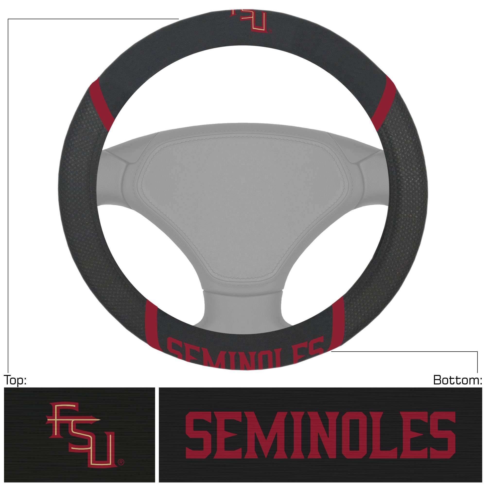 NCAA Car Steering Wheel Cover featuring embroidered team logo and name, made of breathable mesh fabric and faux suede.