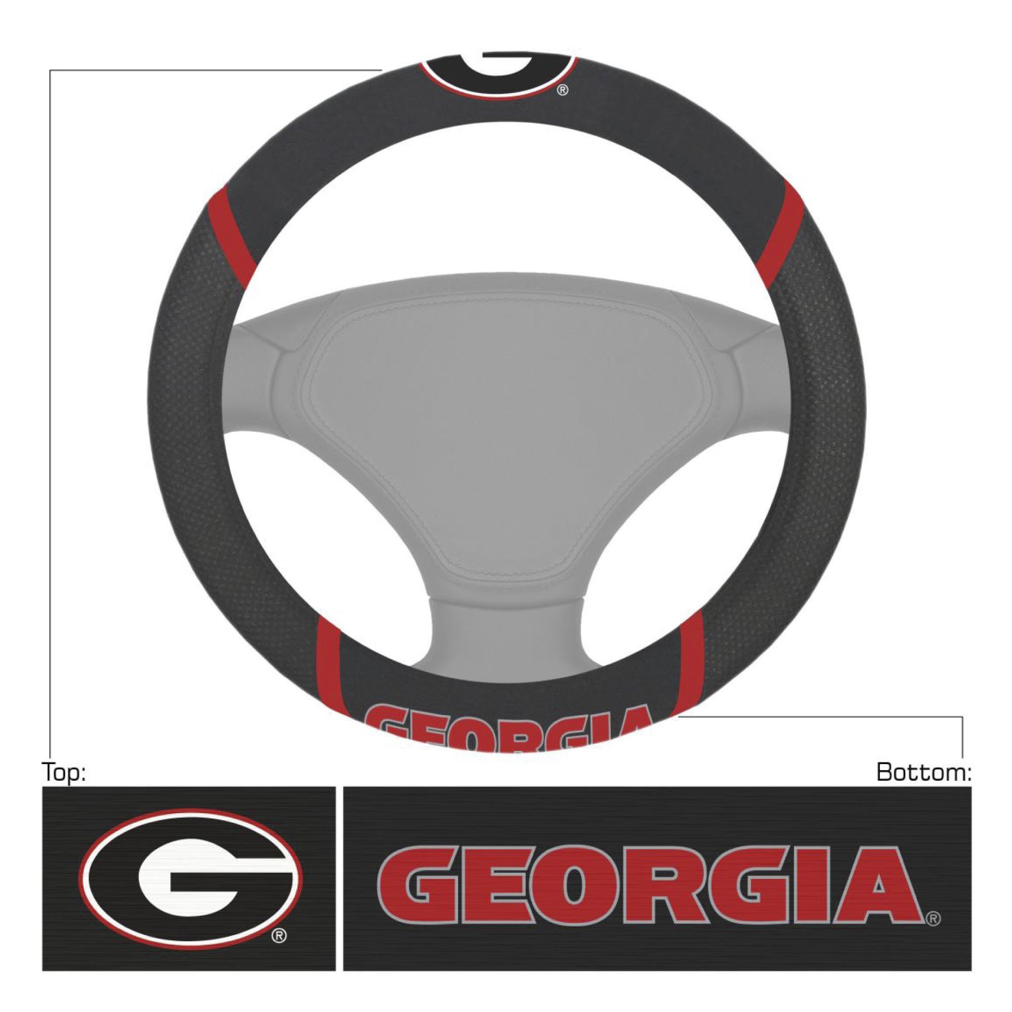 NCAA Car Steering Wheel Cover featuring embroidered team logo and name, made of breathable mesh fabric and faux suede.