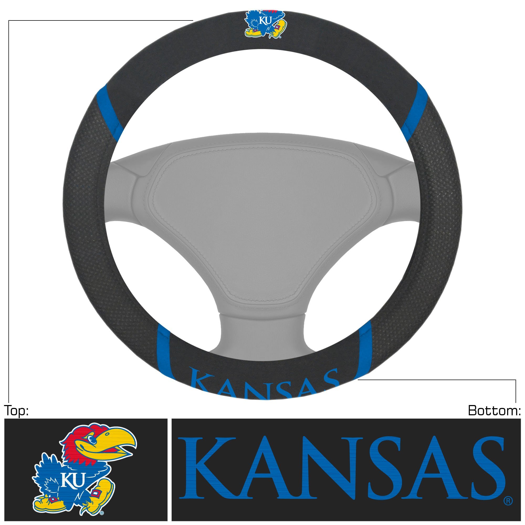 NCAA Car Steering Wheel Cover featuring embroidered team logo and name, made of breathable mesh fabric and faux suede.