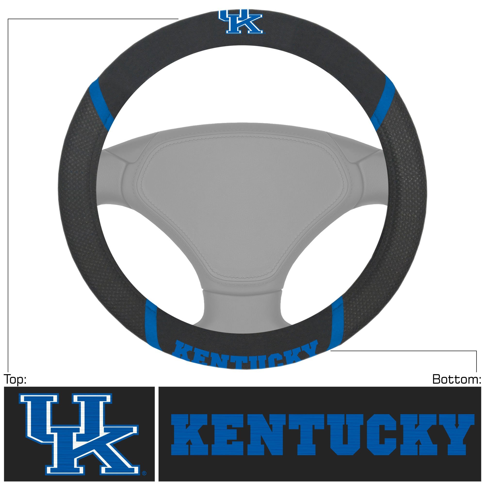 NCAA Car Steering Wheel Cover featuring embroidered team logo and name, made of breathable mesh fabric and faux suede.