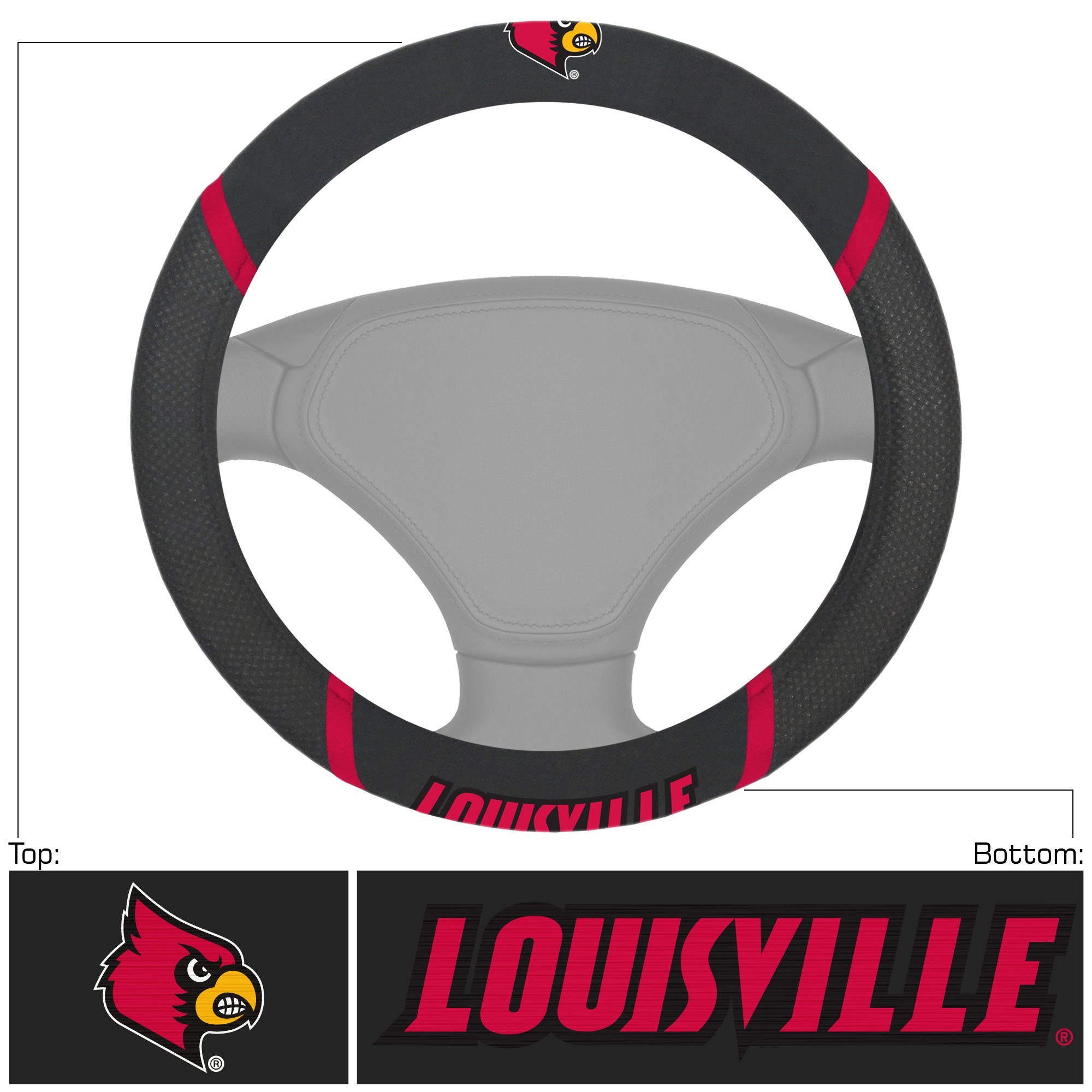 NCAA Car Steering Wheel Cover featuring embroidered team logo and name, made of breathable mesh fabric and faux suede.