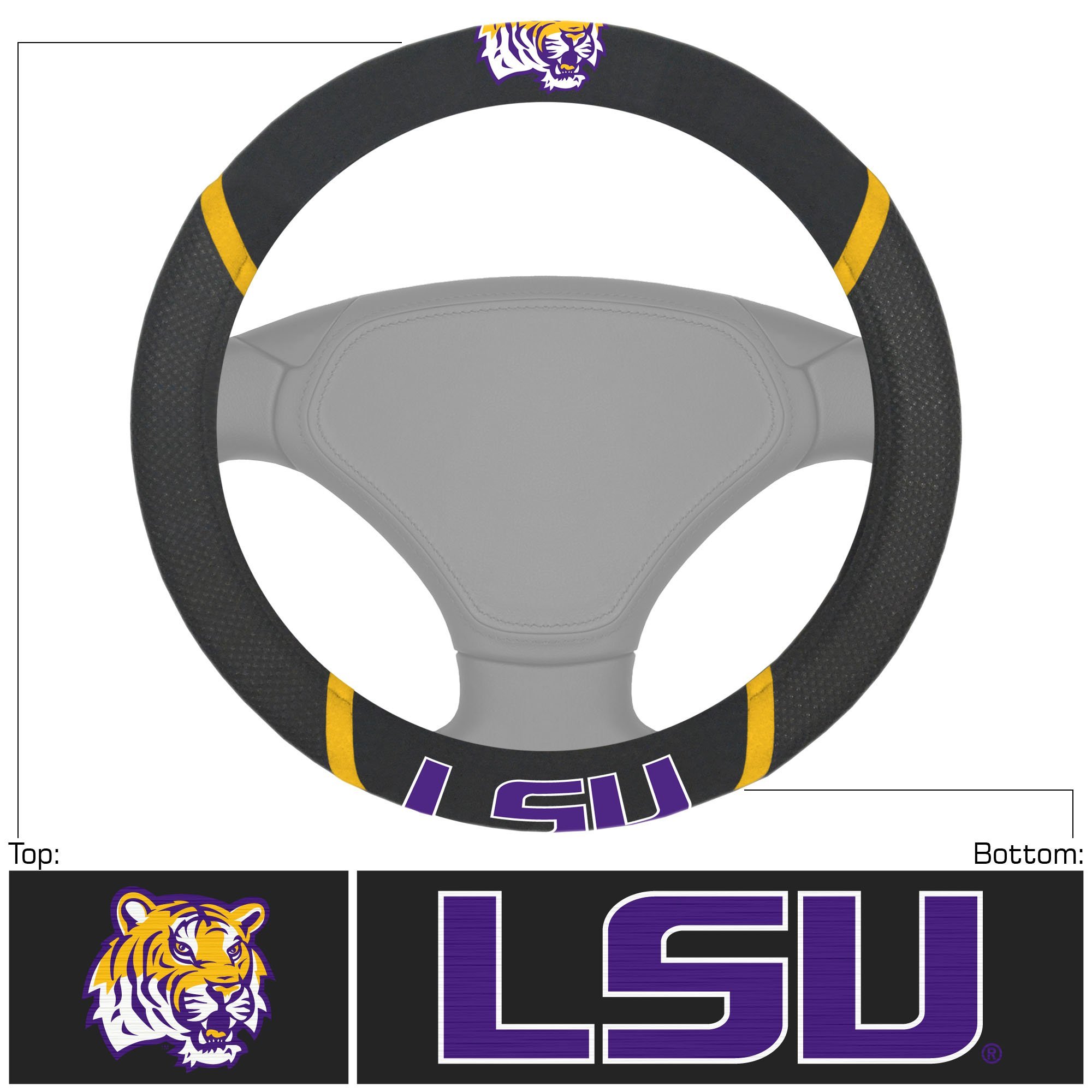 NCAA Car Steering Wheel Cover featuring embroidered team logo and name, made of breathable mesh fabric and faux suede.