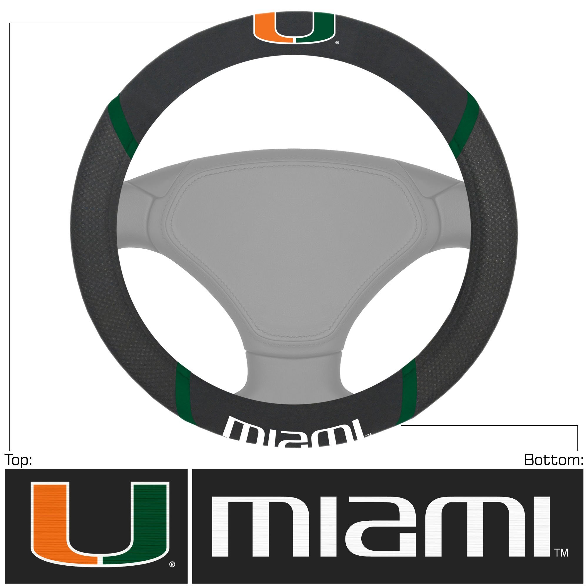 NCAA Car Steering Wheel Cover featuring embroidered team logo and name, made of breathable mesh fabric and faux suede.