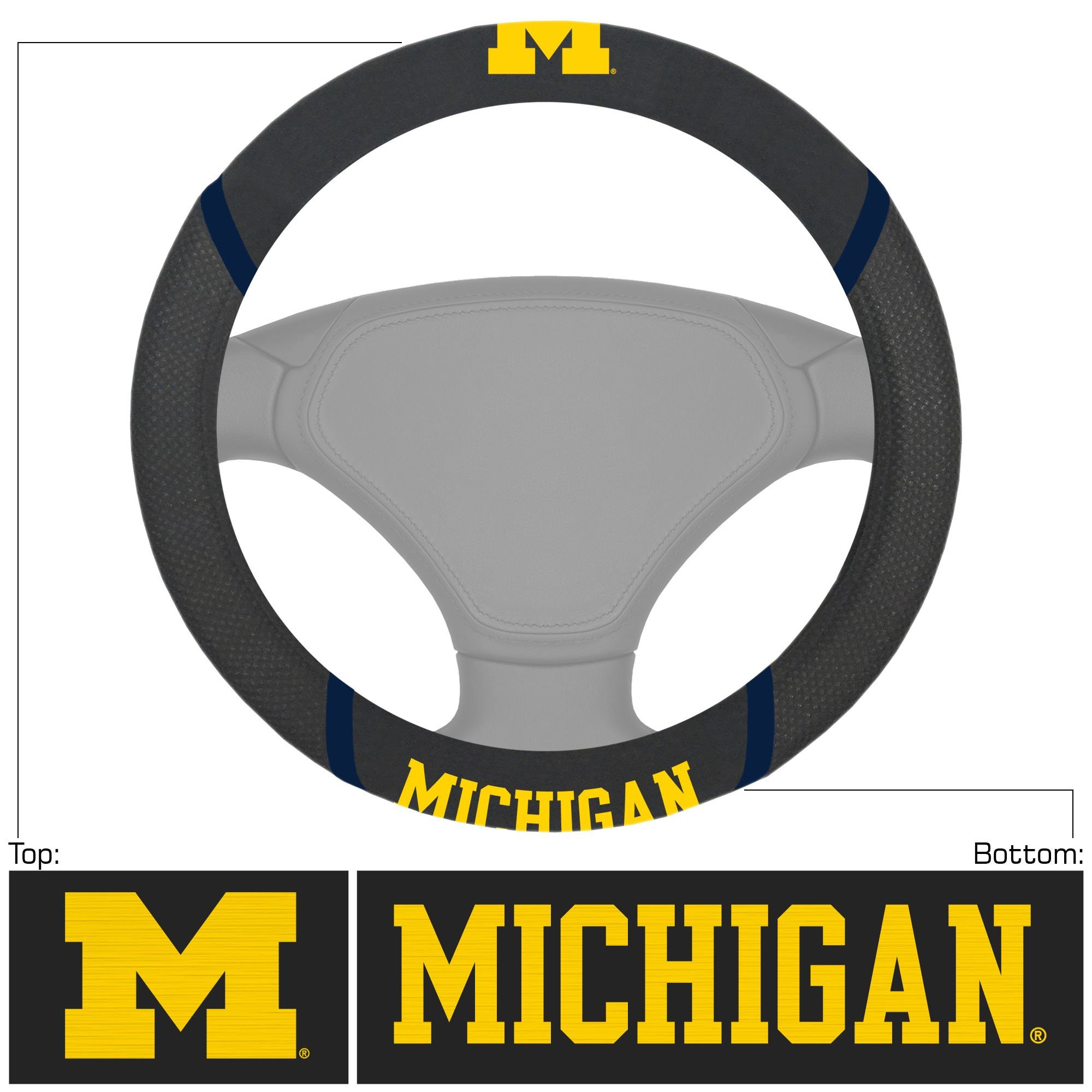 NCAA Car Steering Wheel Cover featuring embroidered team logo and name, made of breathable mesh fabric and faux suede.