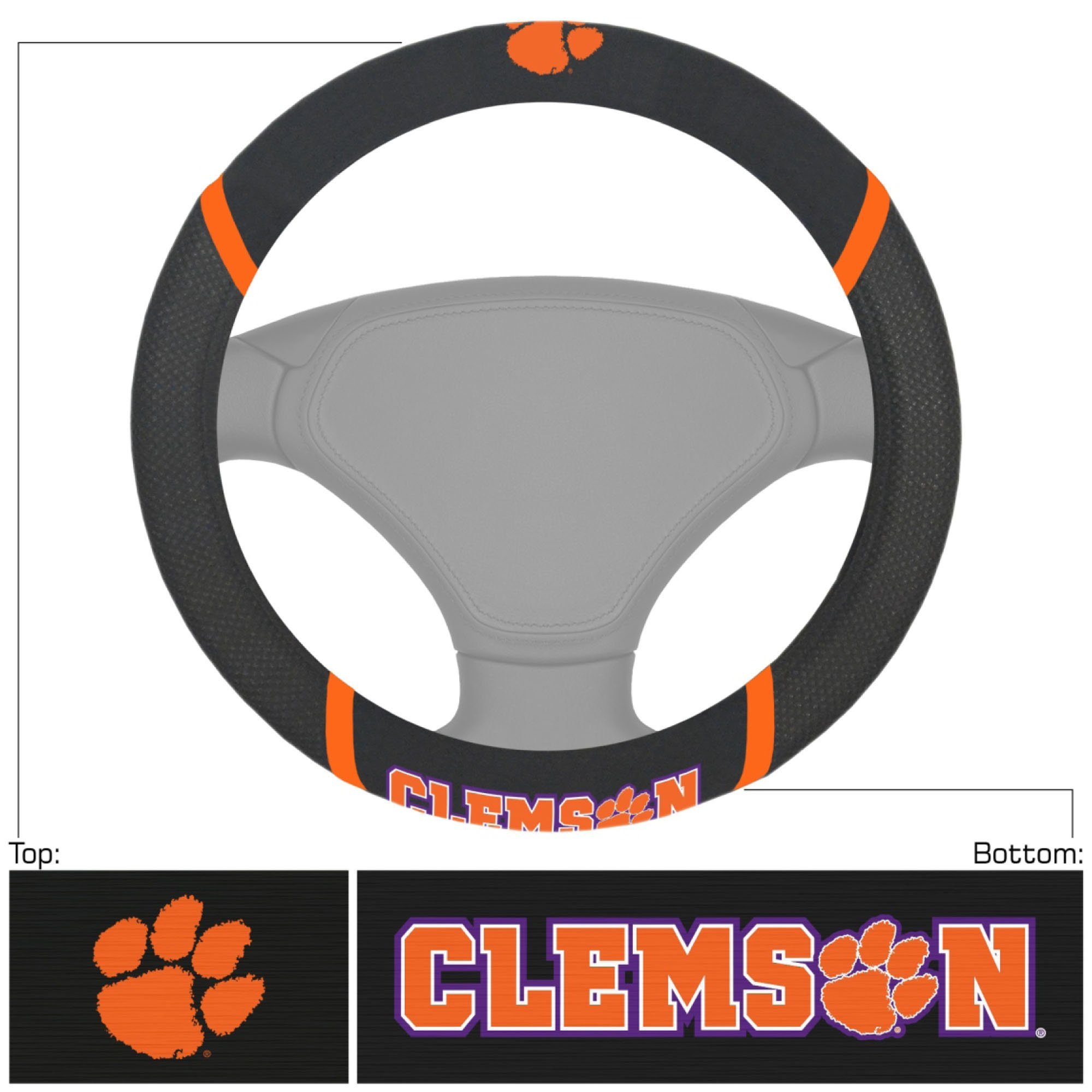 NCAA Car Steering Wheel Cover featuring embroidered team logo and name, made of breathable mesh fabric and faux suede.