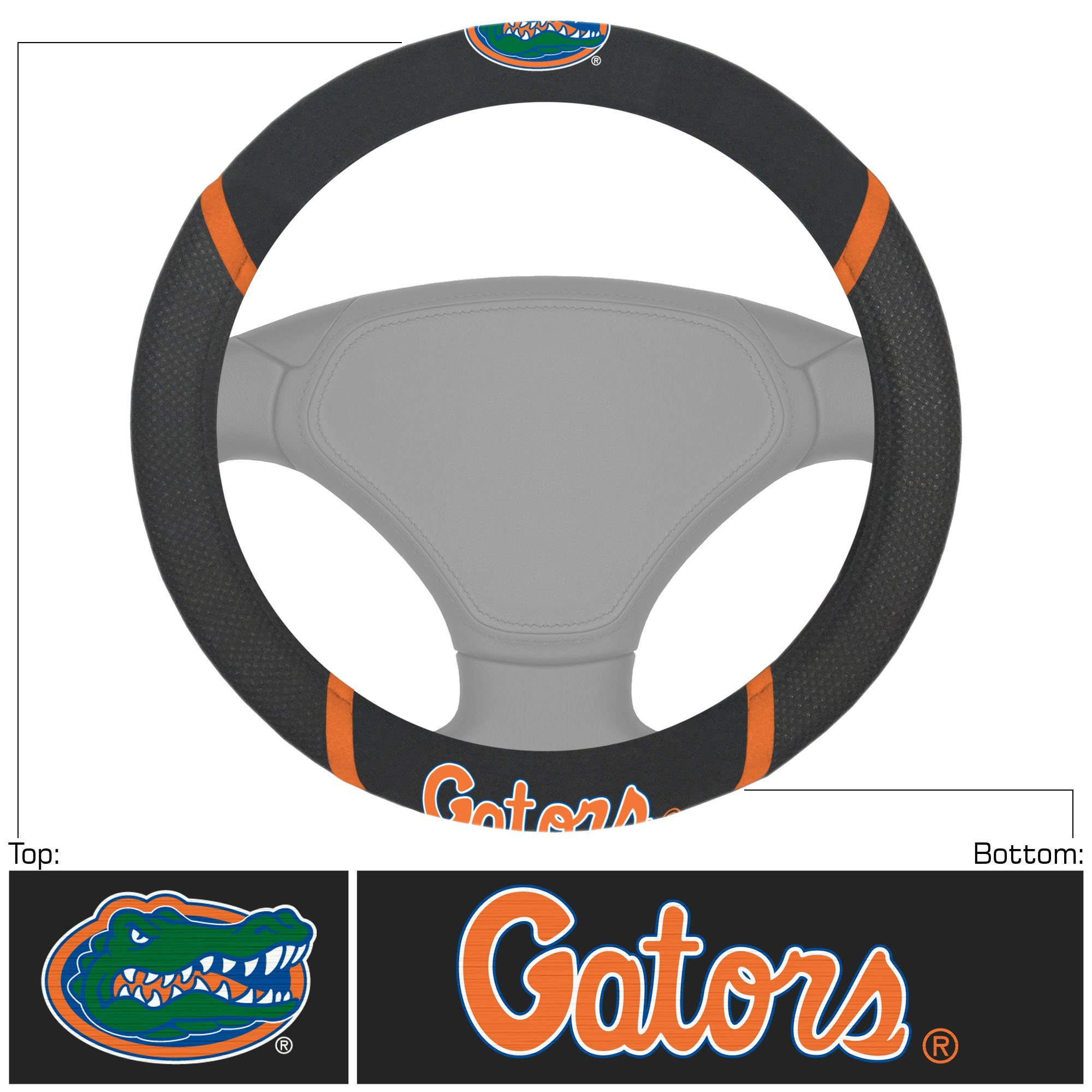 NCAA Car Steering Wheel Cover featuring embroidered team logo and name, made of breathable mesh fabric and faux suede.