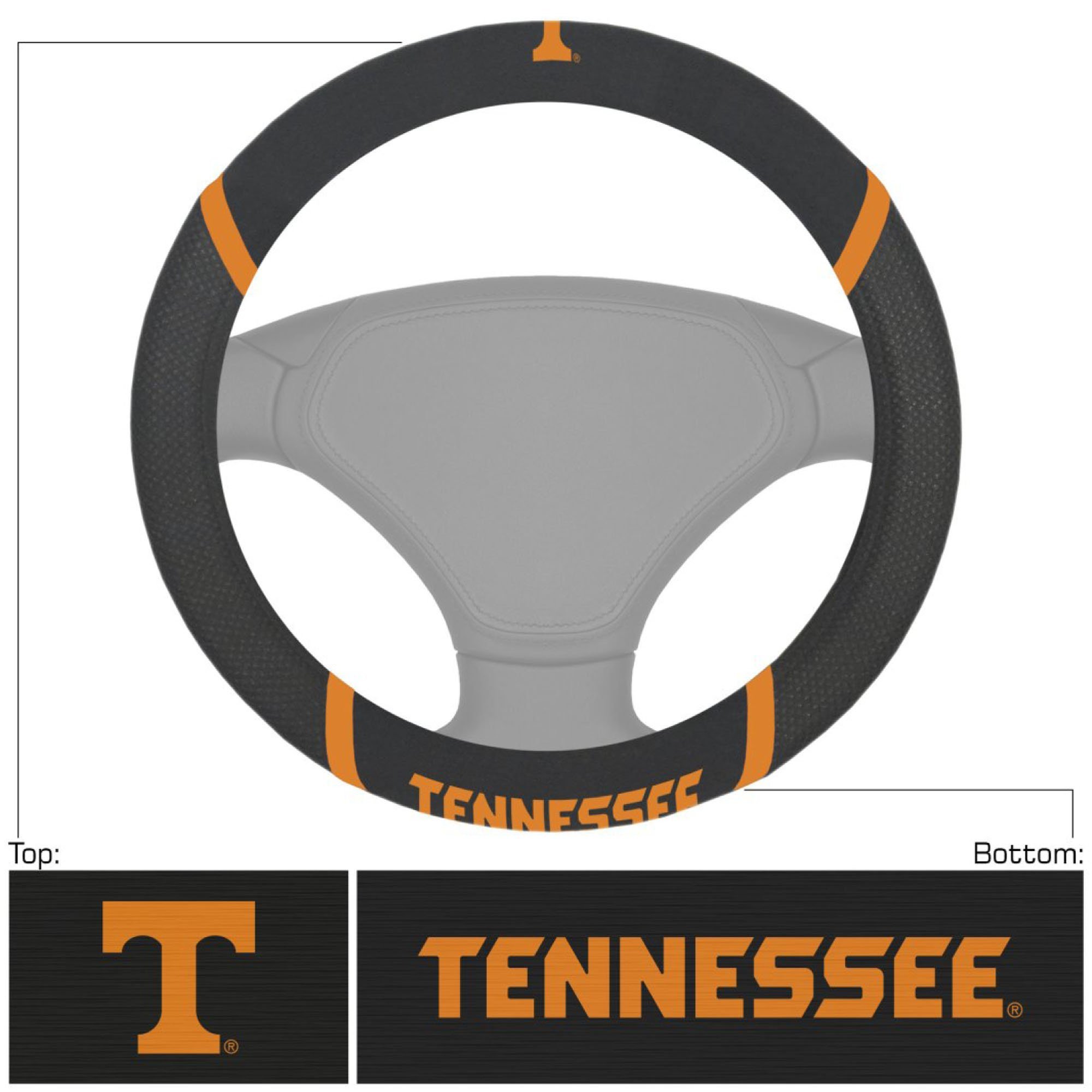 NCAA Car Steering Wheel Cover featuring embroidered team logo and name, made of breathable mesh fabric and faux suede.