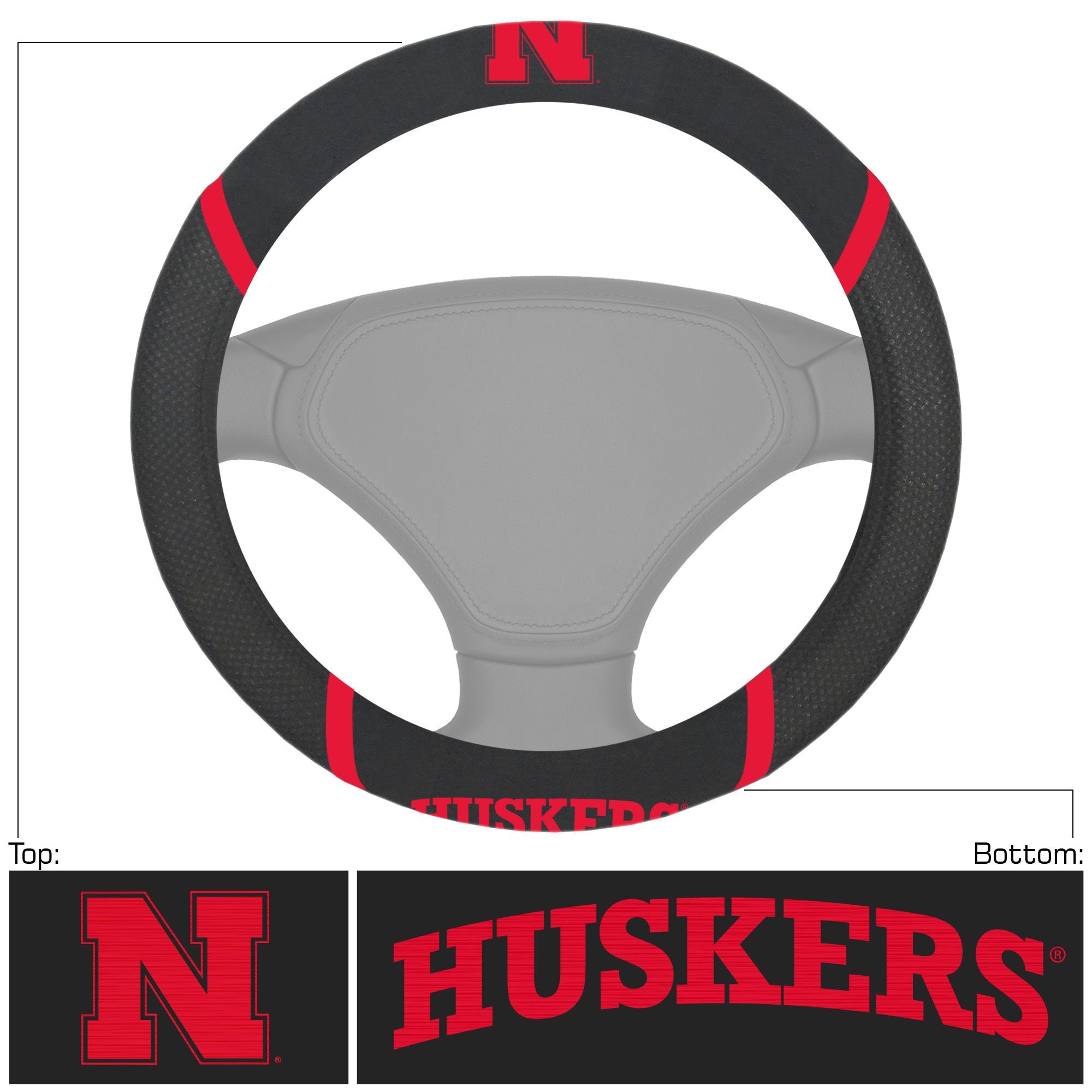 NCAA Car Steering Wheel Cover featuring embroidered team logo and name, made of breathable mesh fabric and faux suede.