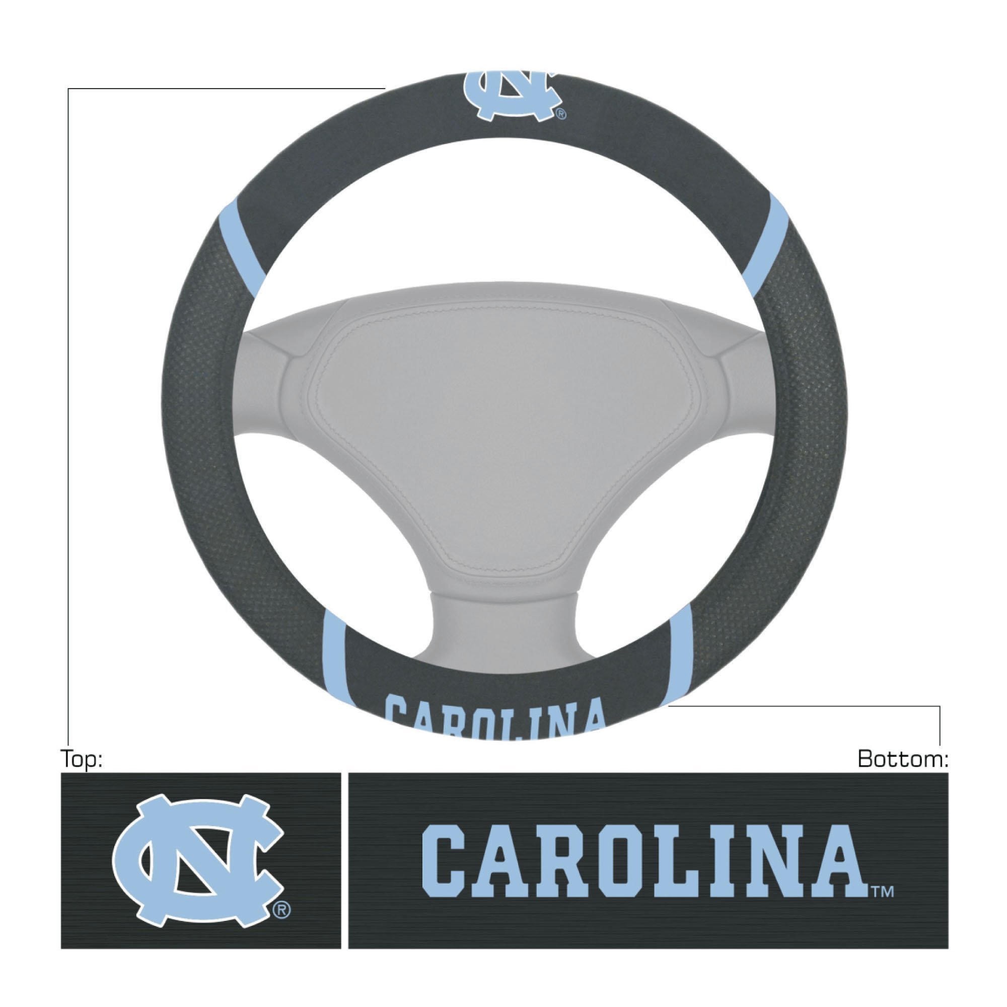 NCAA Car Steering Wheel Cover featuring embroidered team logo and name, made of breathable mesh fabric and faux suede.