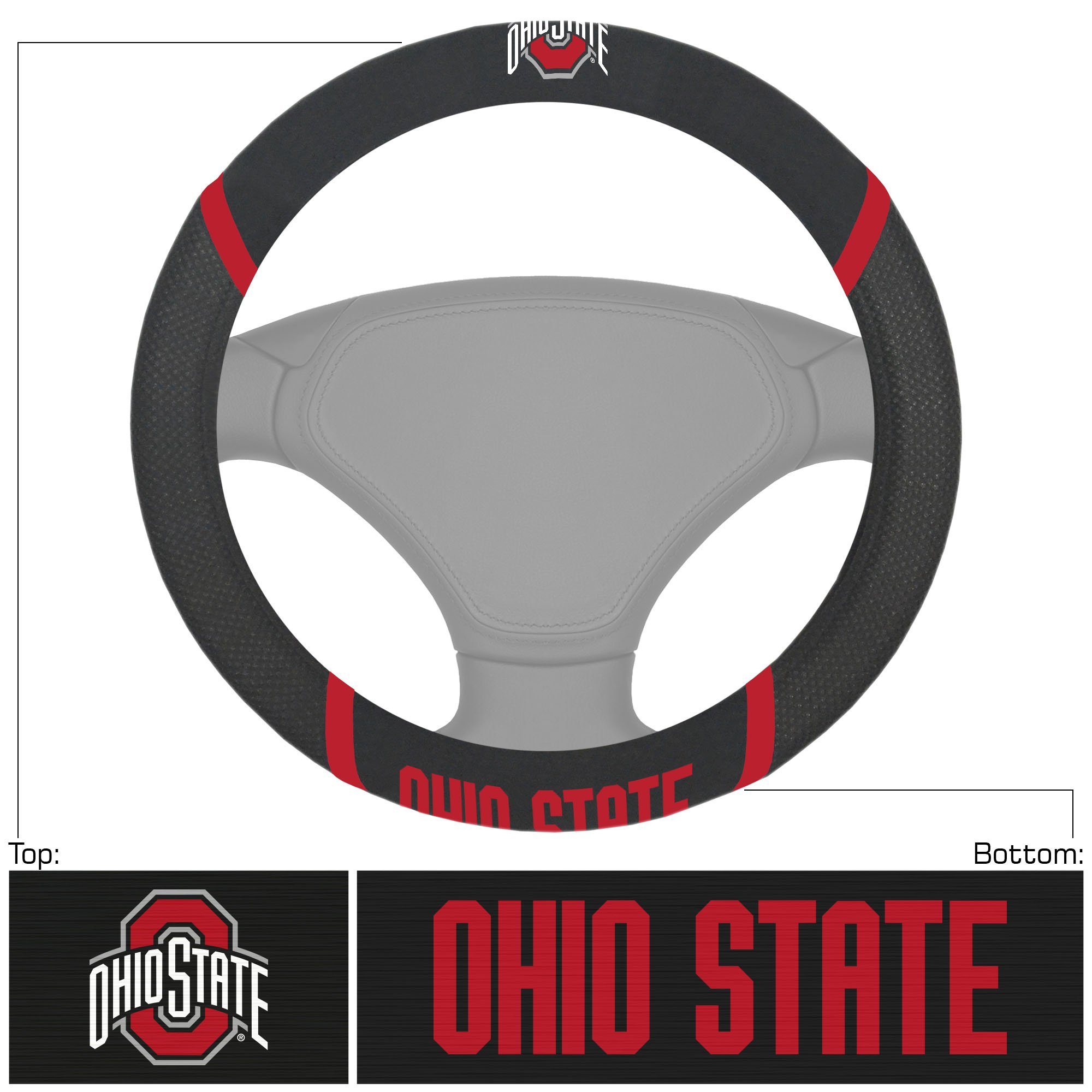 NCAA Car Steering Wheel Cover featuring embroidered team logo and name, made of breathable mesh fabric and faux suede.