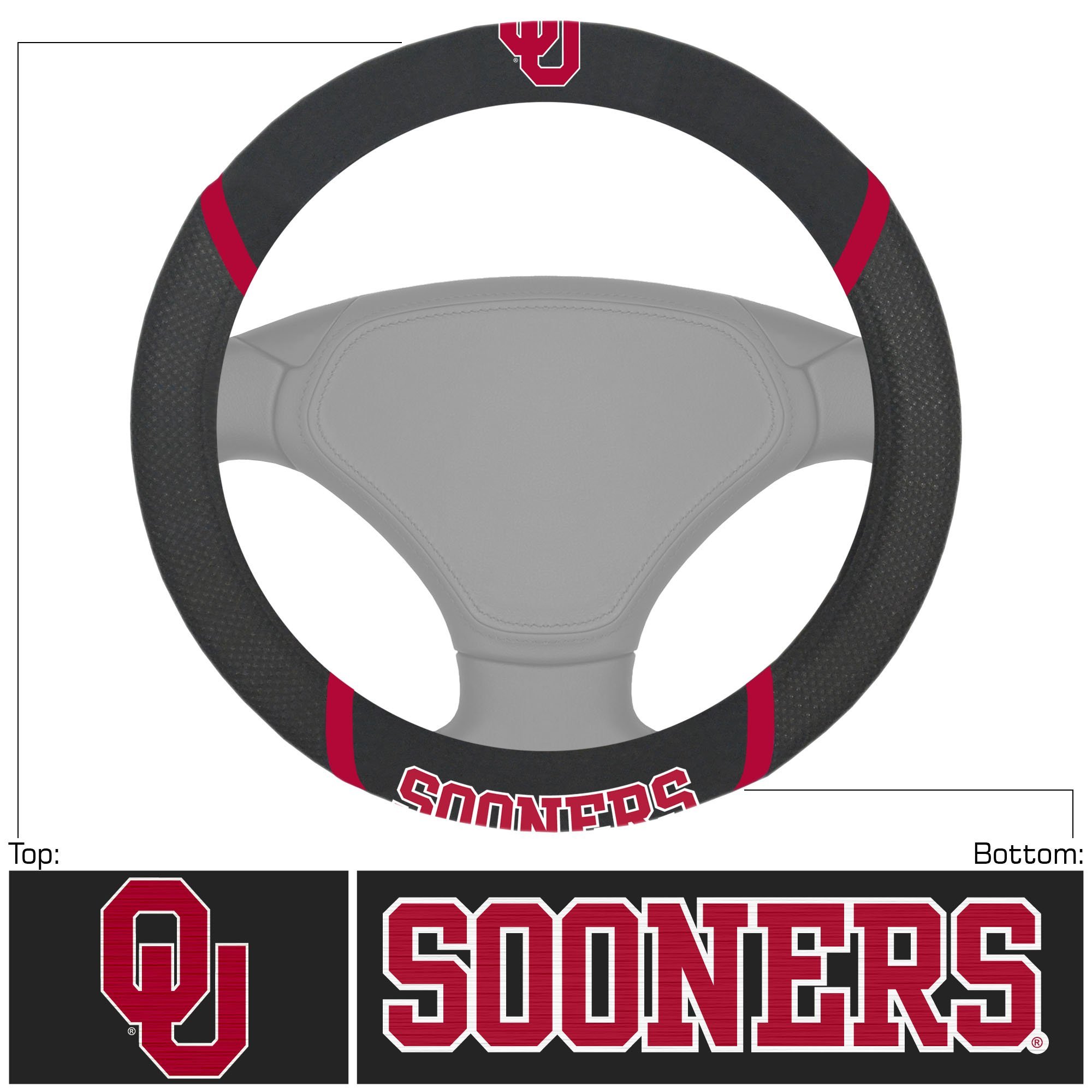 NCAA Car Steering Wheel Cover featuring embroidered team logo and name, made of breathable mesh fabric and faux suede.