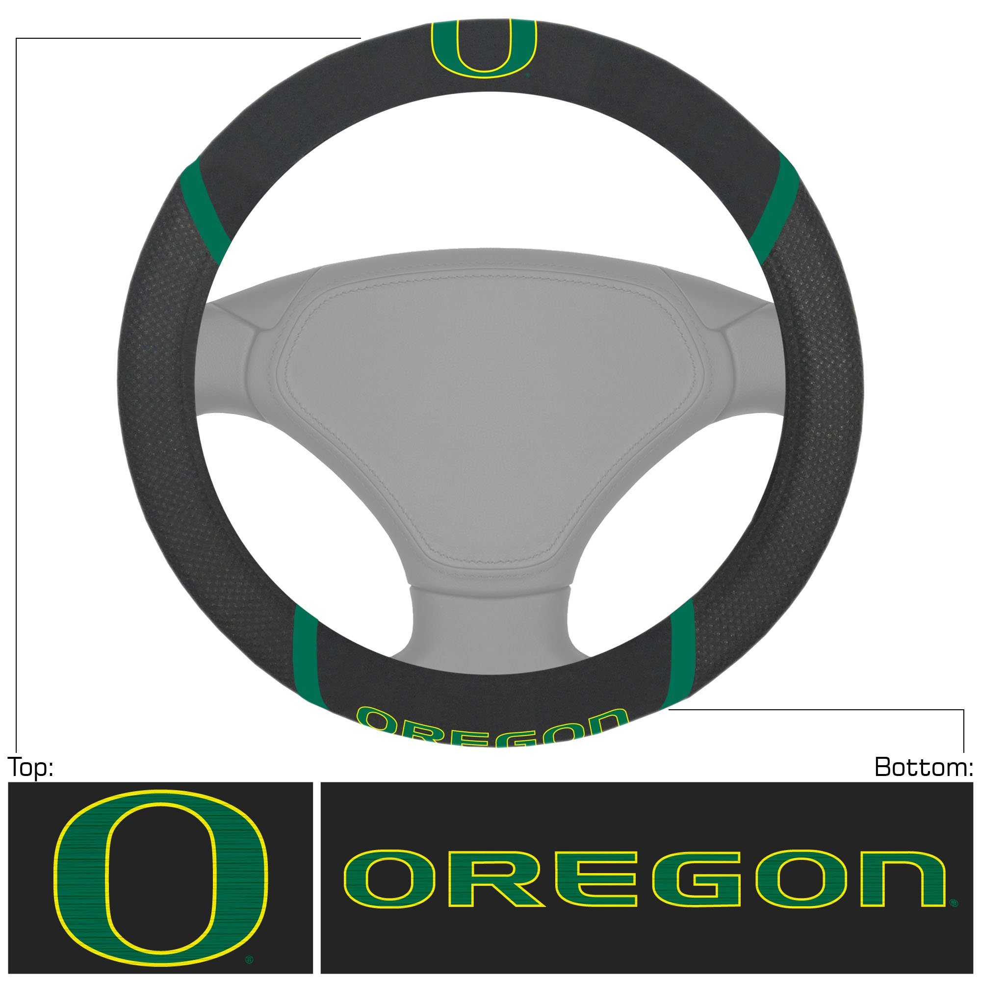 NCAA Car Steering Wheel Cover featuring embroidered team logo and name, made of breathable mesh fabric and faux suede.