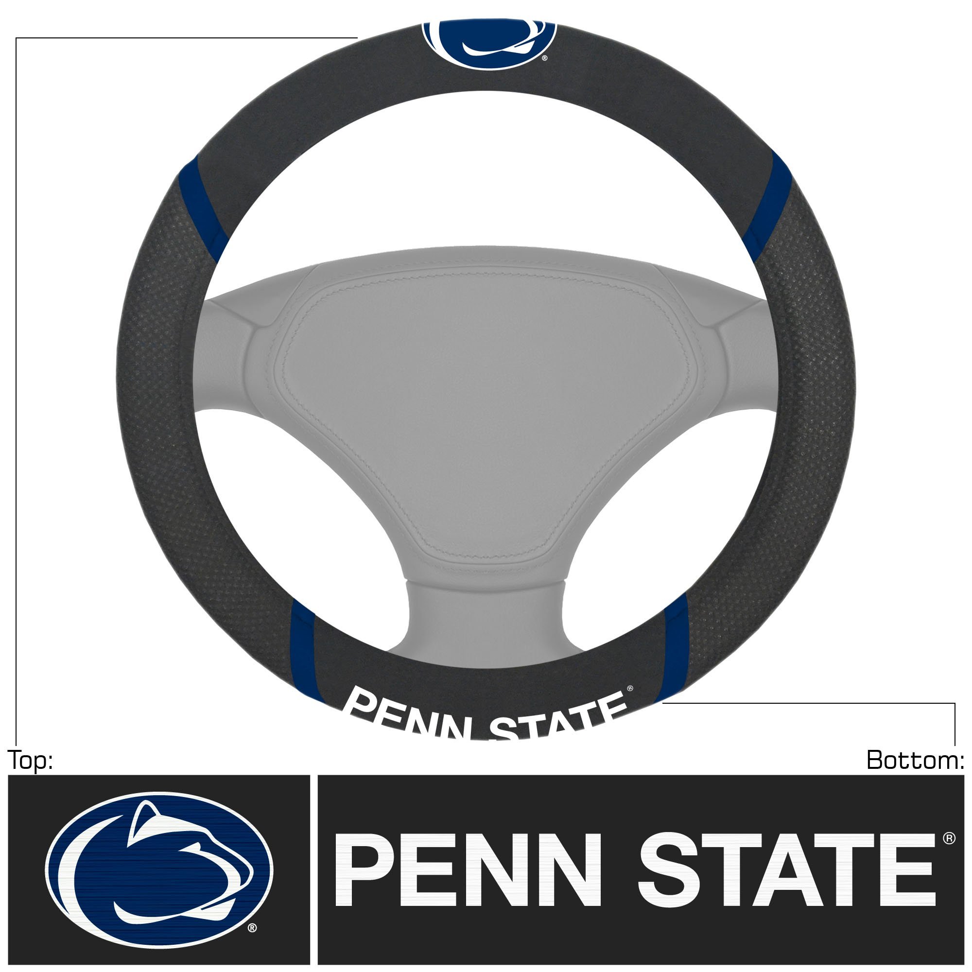 NCAA Car Steering Wheel Cover featuring embroidered team logo and name, made of breathable mesh fabric and faux suede.