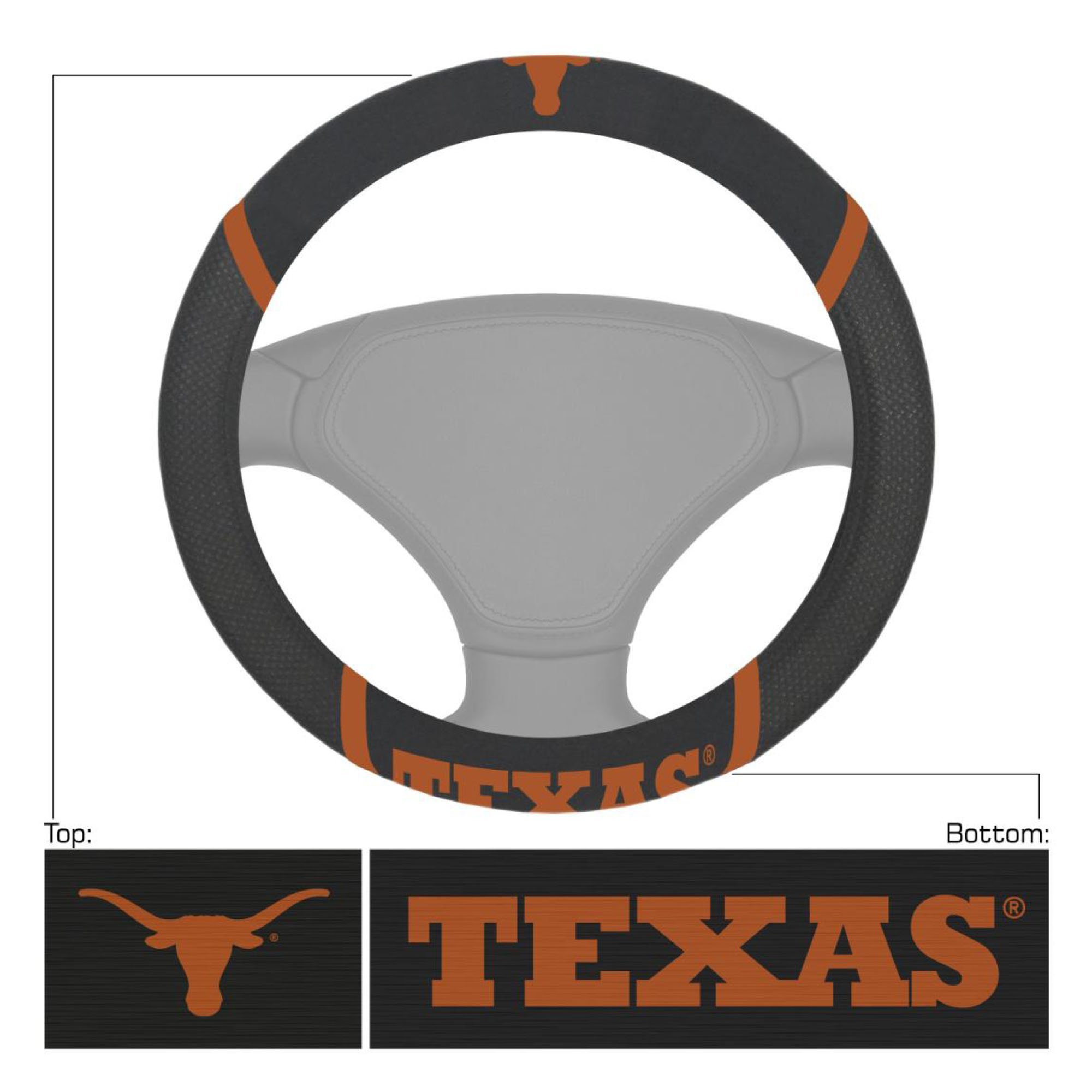 NCAA Car Steering Wheel Cover featuring embroidered team logo and name, made of breathable mesh fabric and faux suede.