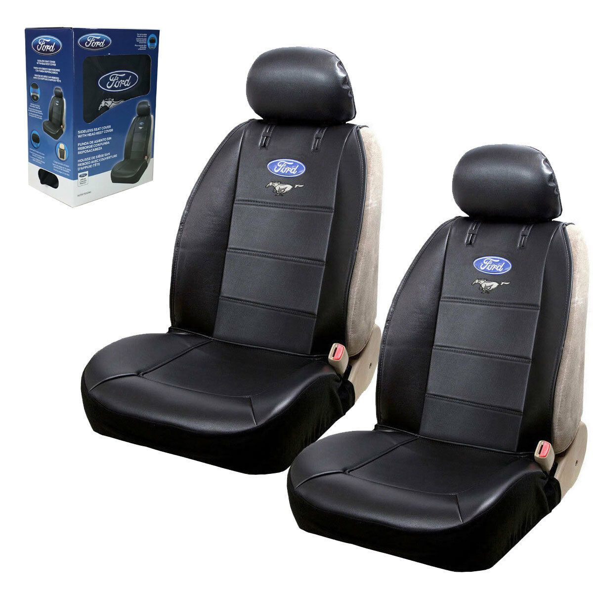 New Ford Mustang Synthetic Leather Sideless Car/Truck Front Seat featuring a blue Ford logo, designed for comfort and universal fit.