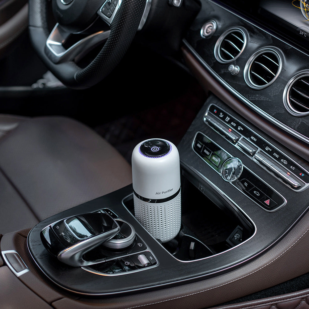 New P02 Car Air Purifier in a sleek design, showcasing its compact size and modern features for effective air purification.