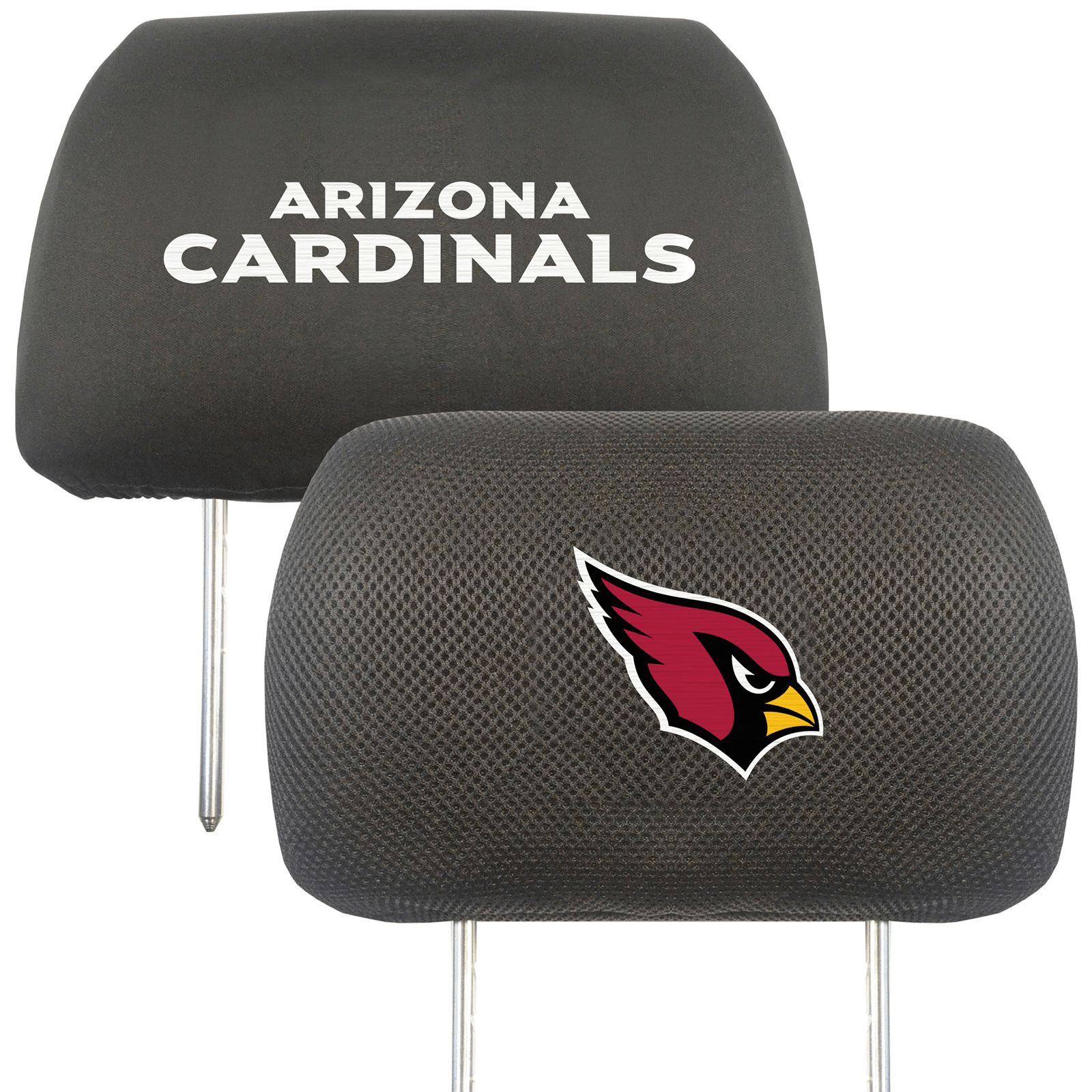 NFL 2-PC Car Headrest Cover Set featuring embroidered team logos and names, made from soft polyester and breathable mesh materials.