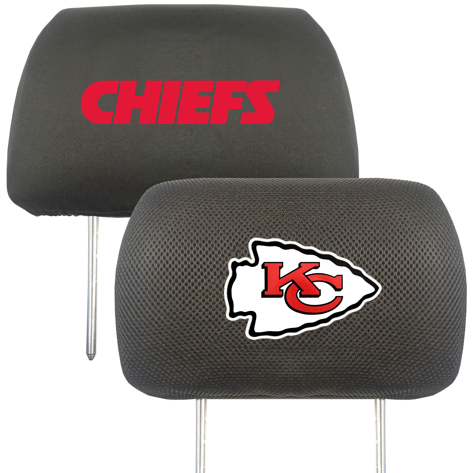 NFL 2-PC Car Headrest Cover Set featuring embroidered team logos and names, made from soft polyester and breathable mesh materials.