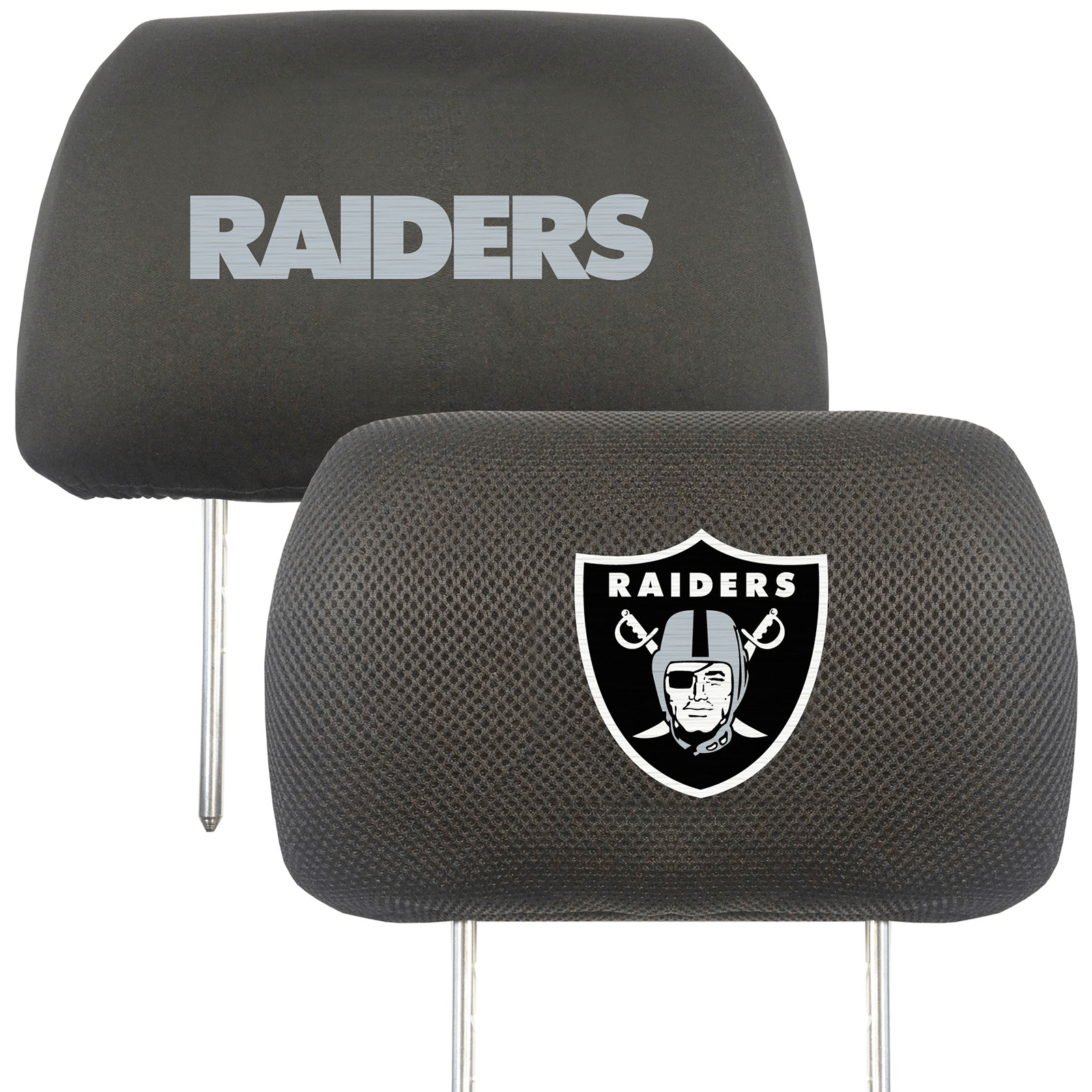 NFL 2-PC Car Headrest Cover Set featuring embroidered team logos and names, made from soft polyester and breathable mesh materials.