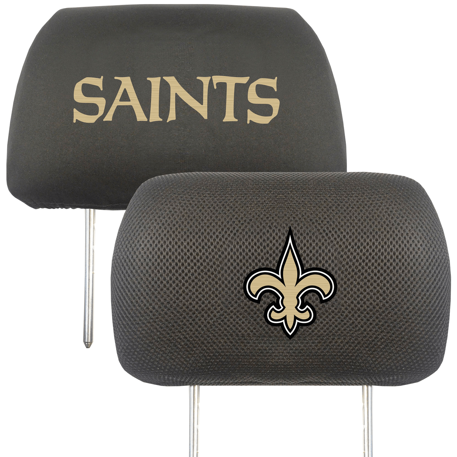 NFL 2-PC Car Headrest Cover Set featuring embroidered team logos and names, made from soft polyester and breathable mesh materials.