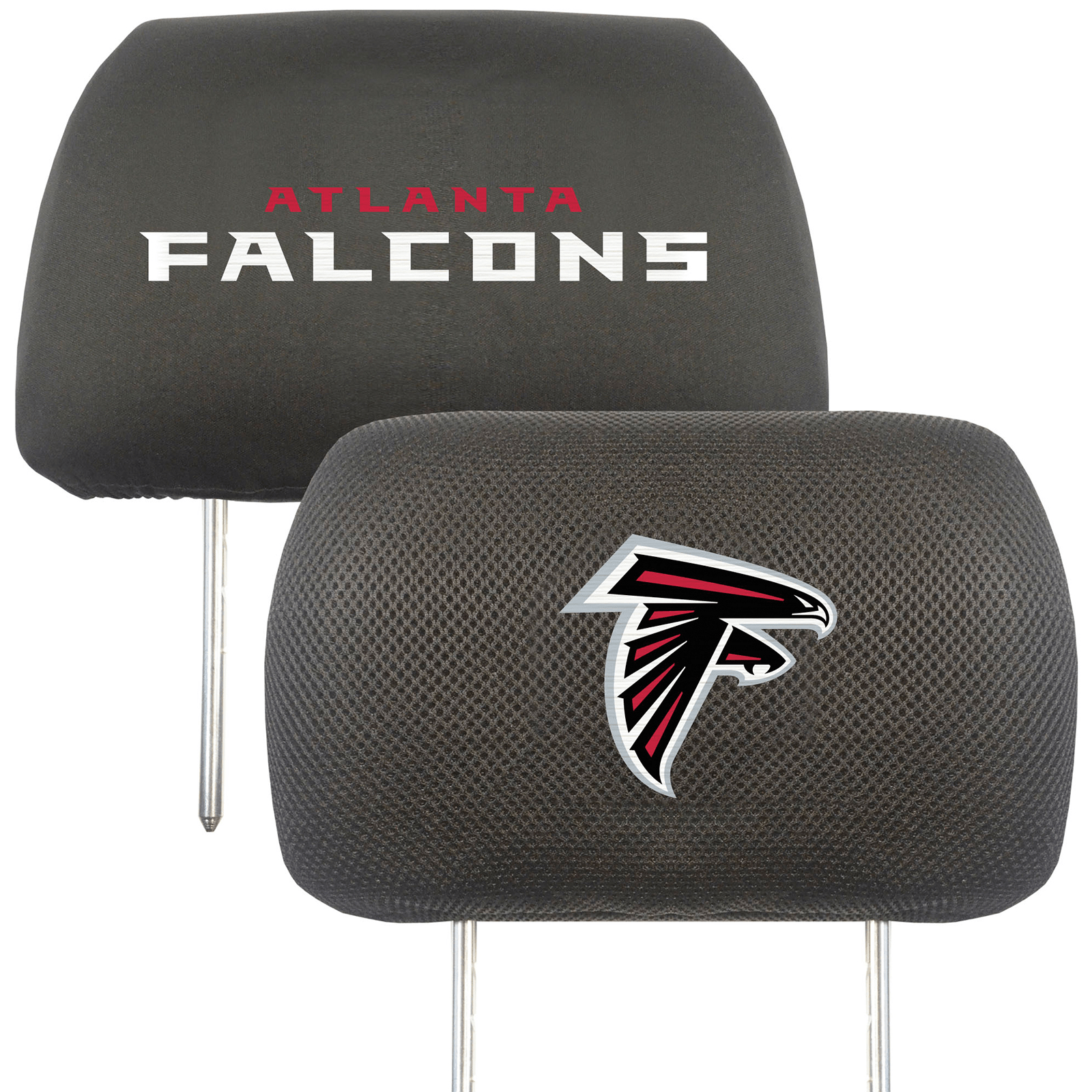 NFL 2-PC Car Headrest Cover Set featuring embroidered team logos and names, made from soft polyester and breathable mesh materials.