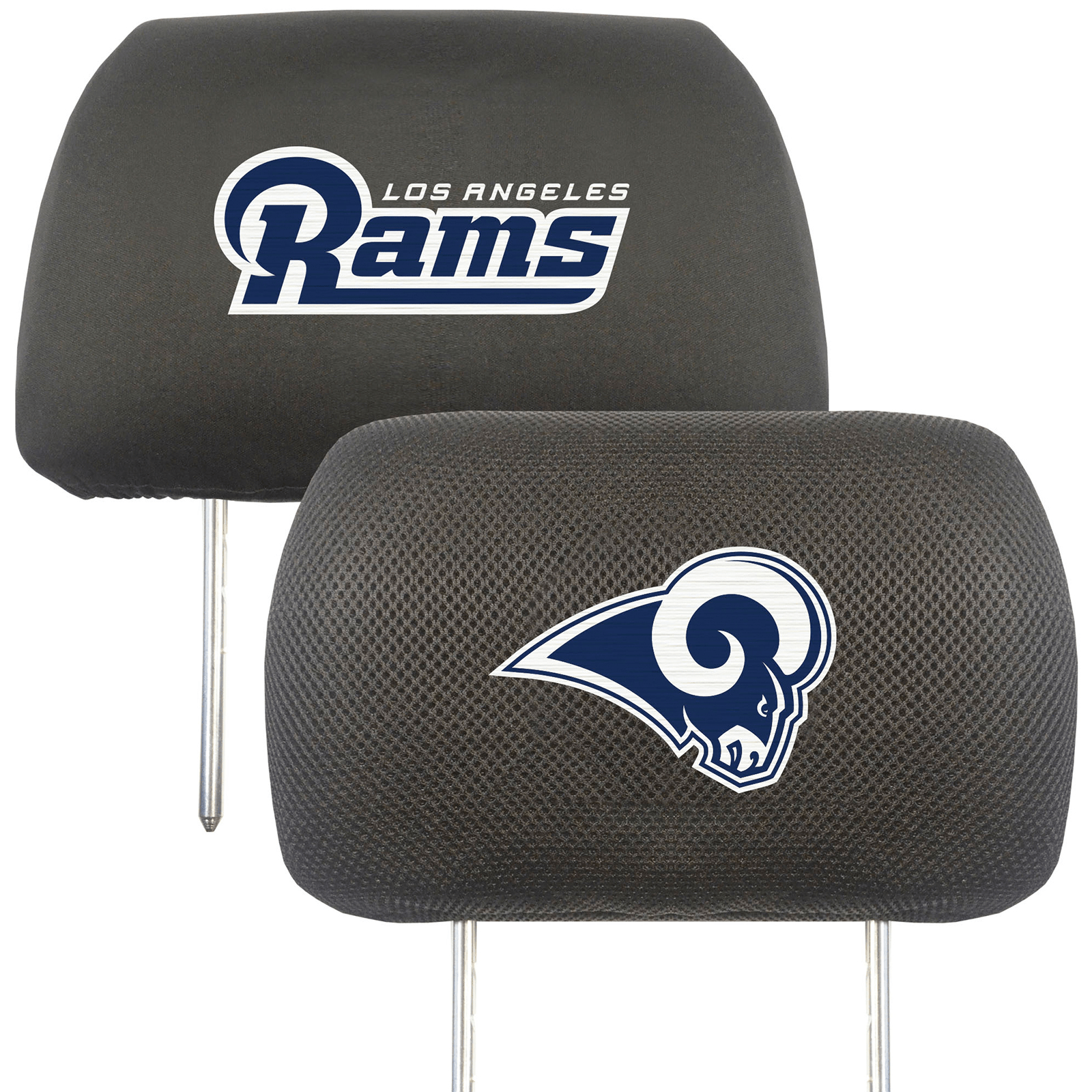 NFL 2-PC Car Headrest Cover Set featuring embroidered team logos and names, made from soft polyester and breathable mesh materials.