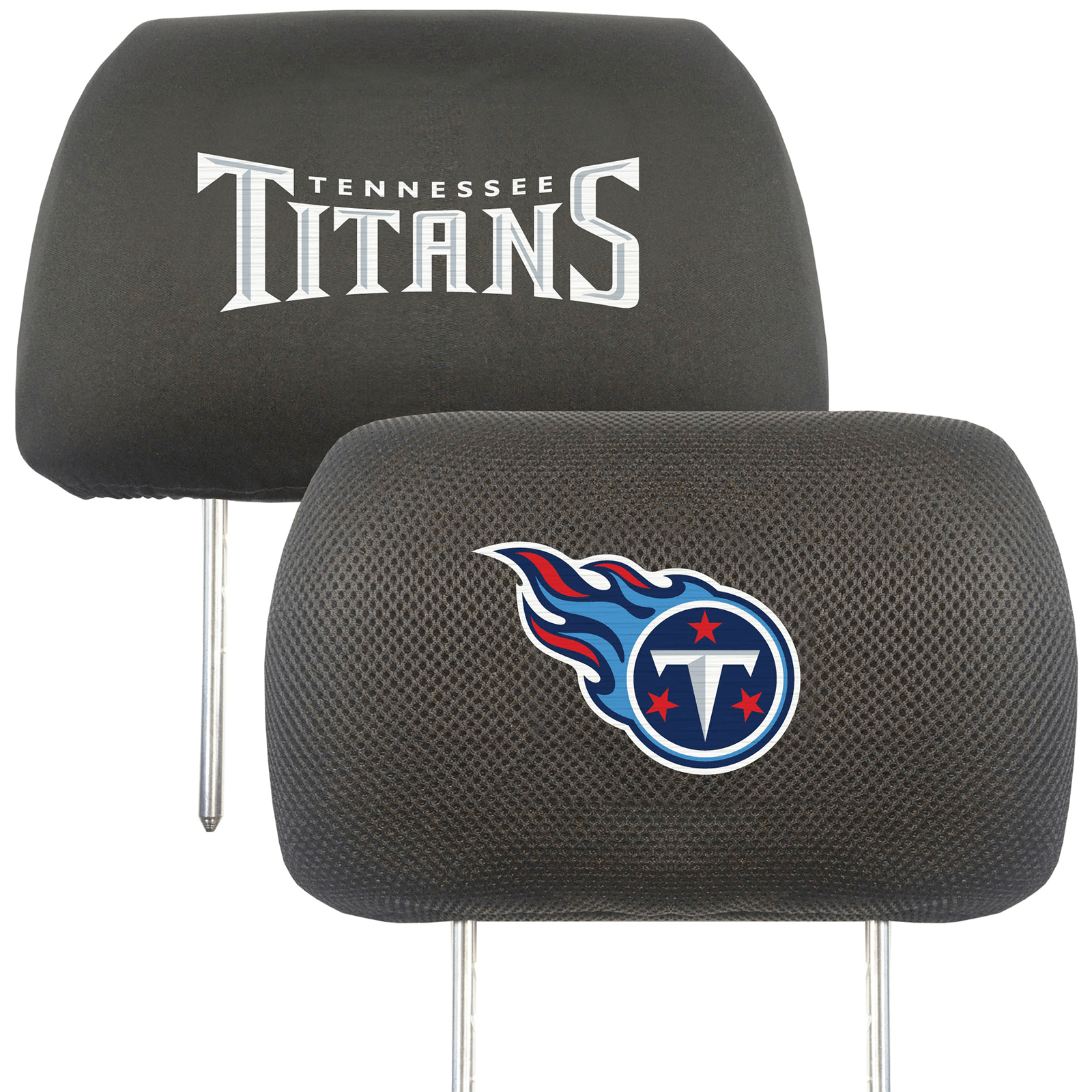 NFL 2-PC Car Headrest Cover Set featuring embroidered team logos and names, made from soft polyester and breathable mesh materials.