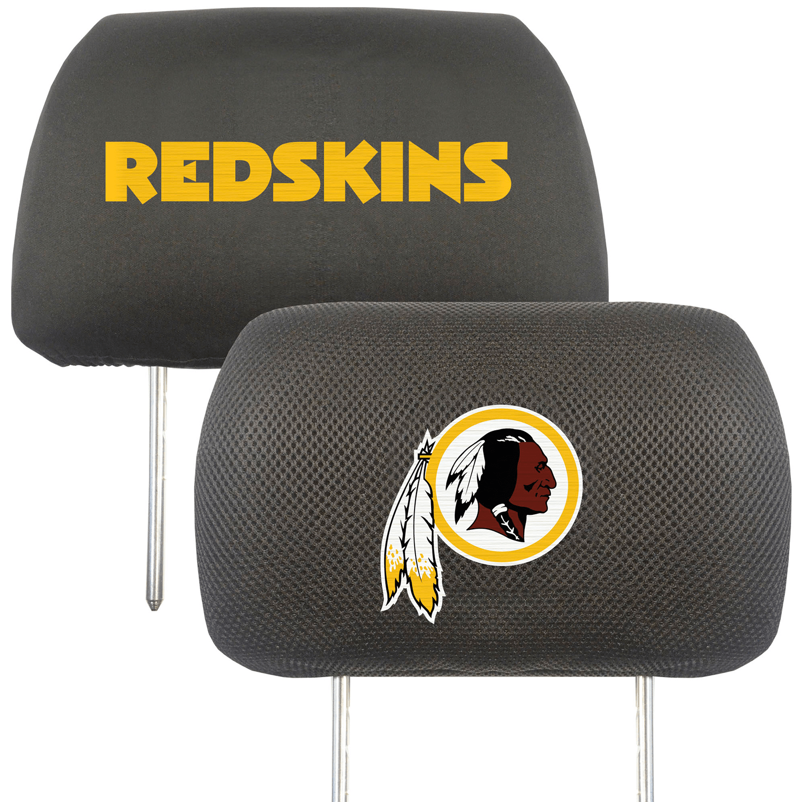 NFL 2-PC Car Headrest Cover Set featuring embroidered team logos and names, made from soft polyester and breathable mesh materials.