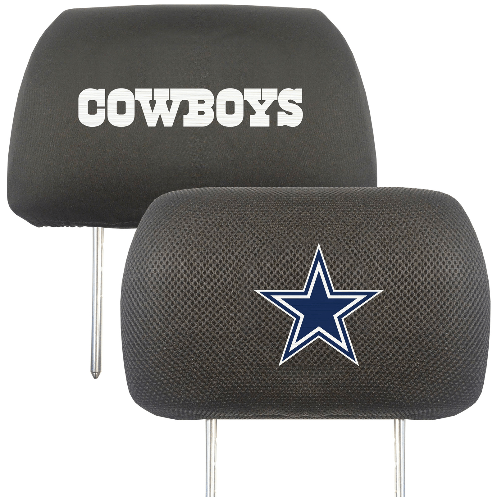 NFL 2-PC Car Headrest Cover Set featuring embroidered team logos and names, made from soft polyester and breathable mesh materials.