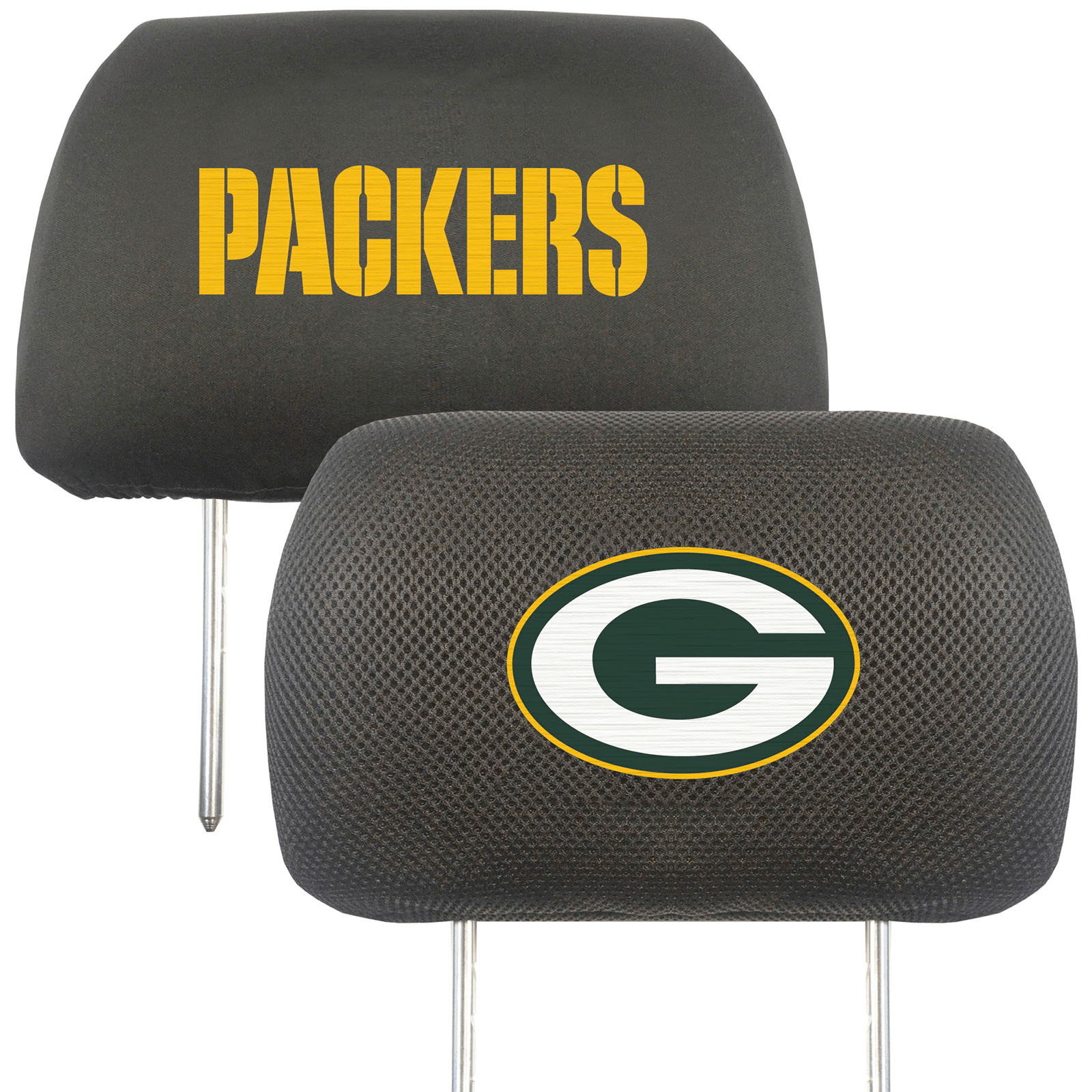 NFL 2-PC Car Headrest Cover Set featuring embroidered team logos and names, made from soft polyester and breathable mesh materials.