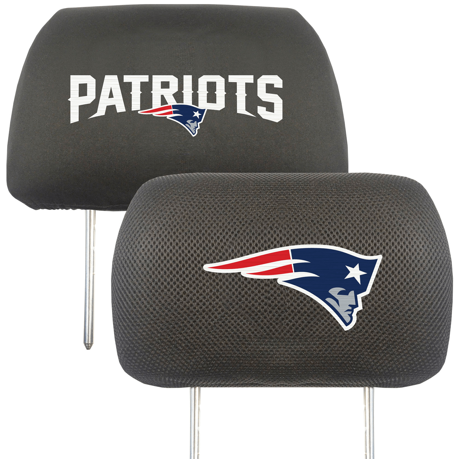 NFL 2-PC Car Headrest Cover Set featuring embroidered team logos and names, made from soft polyester and breathable mesh materials.