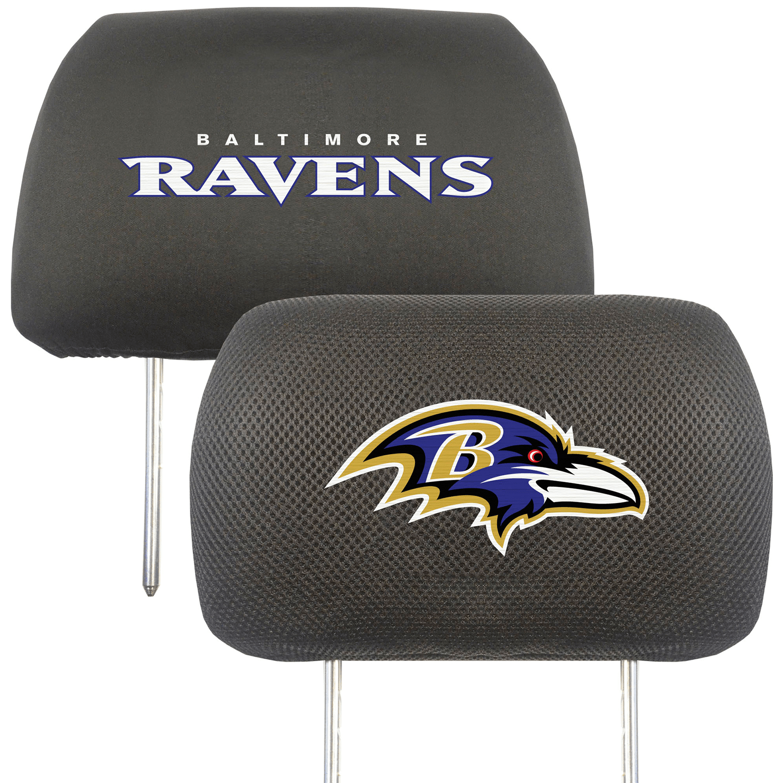 NFL 2-PC Car Headrest Cover Set featuring embroidered team logos and names, made from soft polyester and breathable mesh materials.