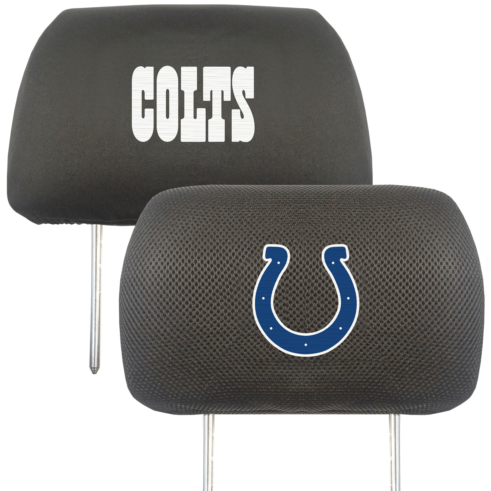 NFL 2-PC Car Headrest Cover Set featuring embroidered team logos and names, made from soft polyester and breathable mesh materials.