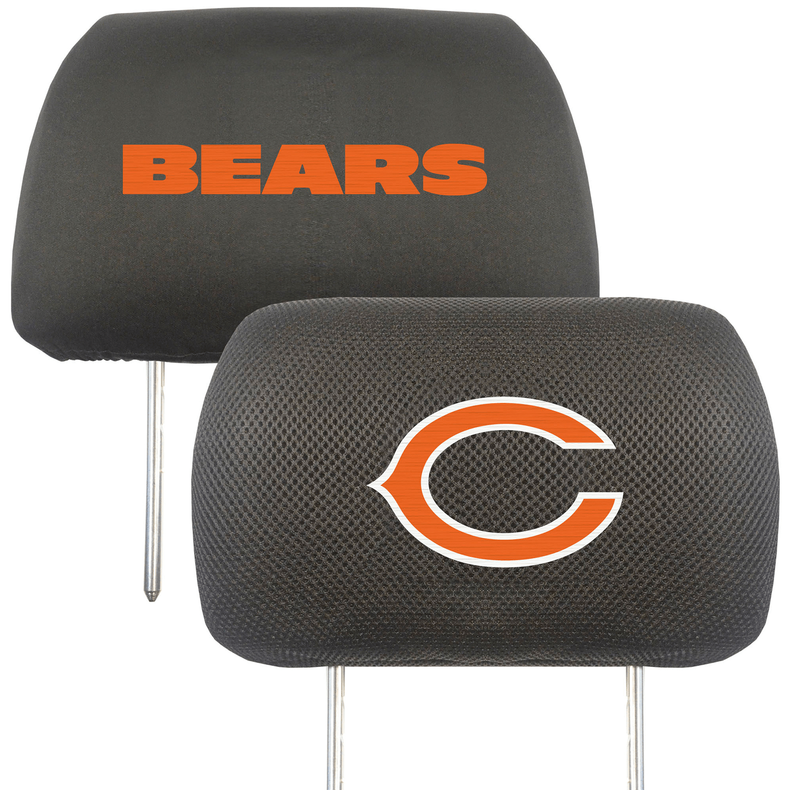 NFL 2-PC Car Headrest Cover Set featuring embroidered team logos and names, made from soft polyester and breathable mesh materials.