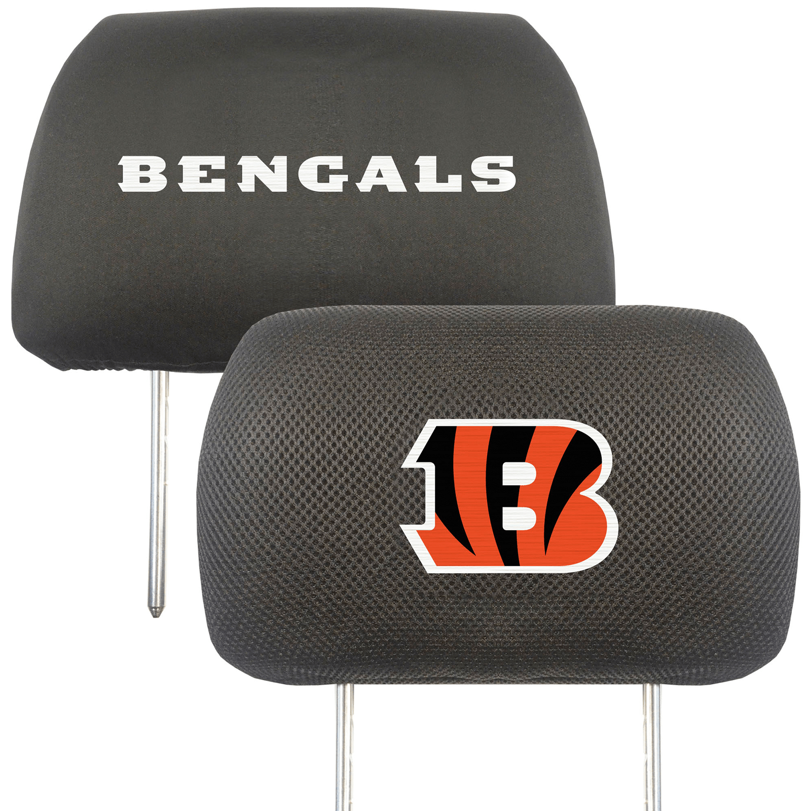 NFL 2-PC Car Headrest Cover Set featuring embroidered team logos and names, made from soft polyester and breathable mesh materials.